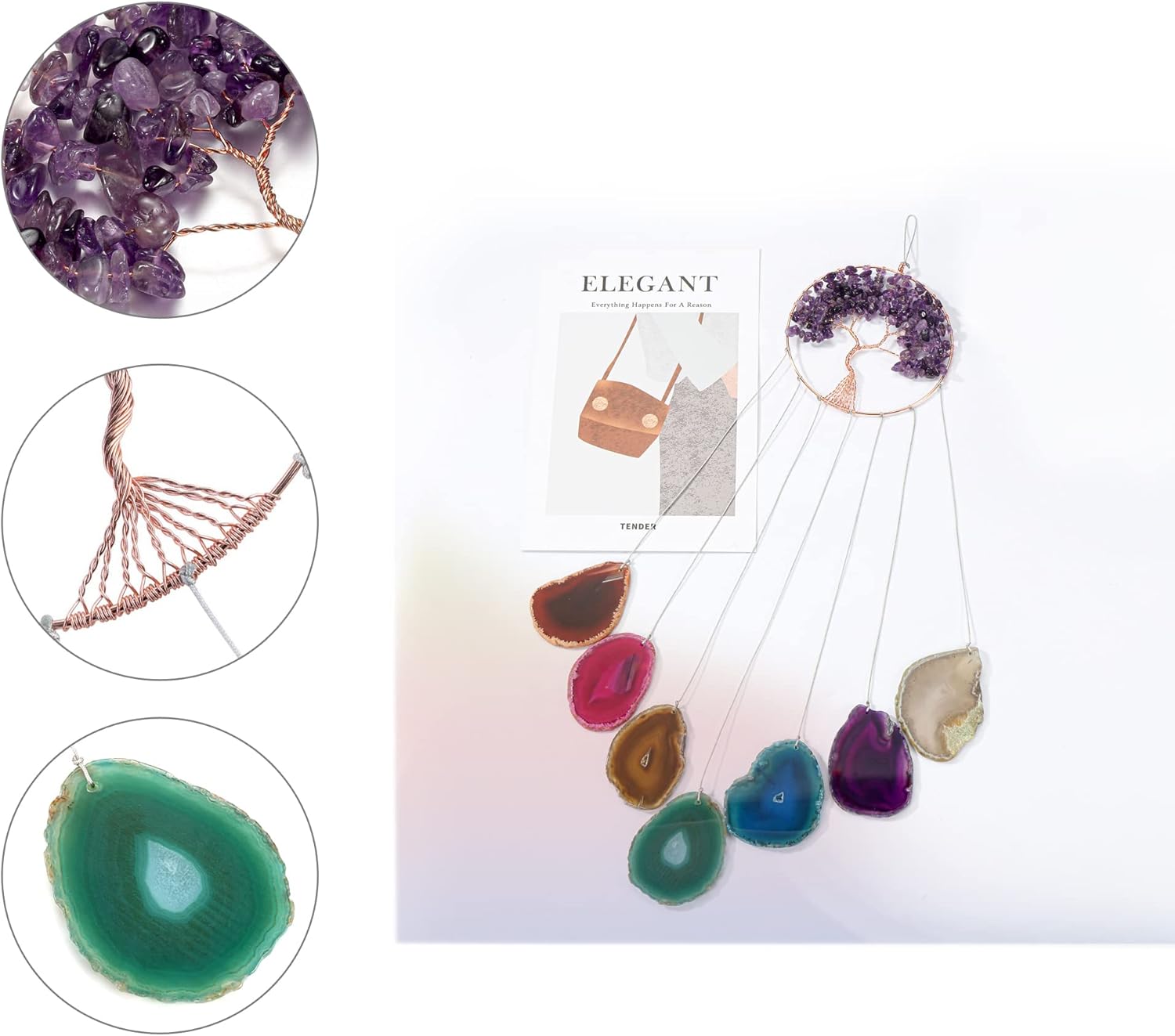 Yoption Amethyst Tree of Life Memorial Wind Chime, Natural Crystal Agate Slices Windchimes for Indoor Outdoor Decoration Ornament, 15.7-17.7 inch