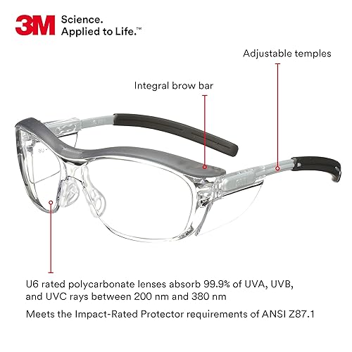Miniatura 3 de 3M Gafas de seguridad, Nuvo, 1 par, ANSI Z87, lente transparente antiniebla, montura gris retro, puente de nariz suave, barra de cejas integral y