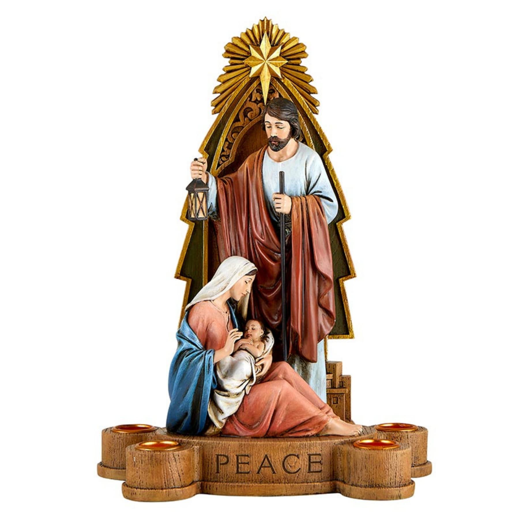 Good News - Portavelas de Adviento de la Sagrada Familia con Escrituras grabadas, figura religiosa de Navidad para interiores, decoraciones de Navidad para el hogar, 10.75 pulgadas