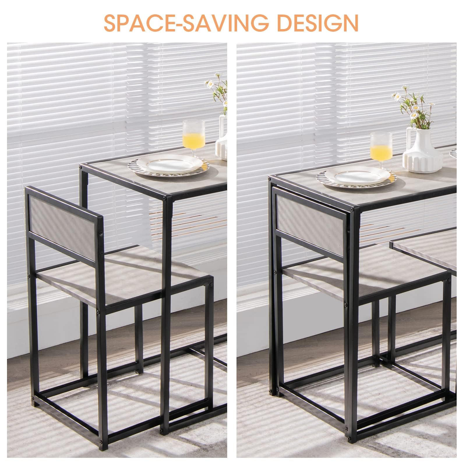 RELAX4LIFE Set 3 Pezzi con Tavolo e 2 Sedie in Legno Robusto e Ferro, Set di Tavolo con 2 Sedie a Scomparsa in Stile Industriale, Ideale per Sala da Pranzo, Cucina e Balcone (Ggrigio)