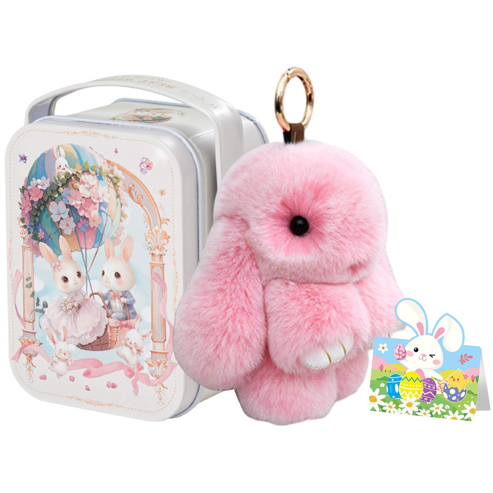 Pink Little Pocket Bunny In A Tin: Charming Keychain Bunny Hugs In A Box, Plush Bunnies Keyring Easter Gifts For Kids Adults, Handmade Rabbit Pocket Box Stuffed Animal Doll For Easter Home Decor