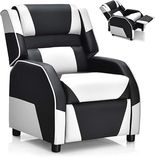 Costzon Silla reclinable para niños, silla reclinable para juegos con reposapiés, reposacabezas y soporte lumbar, silla ergonómica de cuero para