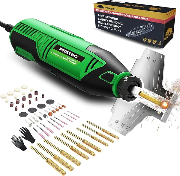 Electric Chainsaw Sharpener Kit – Multi-Purpose Chain Saw Sharpener Tool with Diamond Sharpening Wheels, Angle Attachment and Wrench for All Chainsaw Chains (54-Piece Accessories)