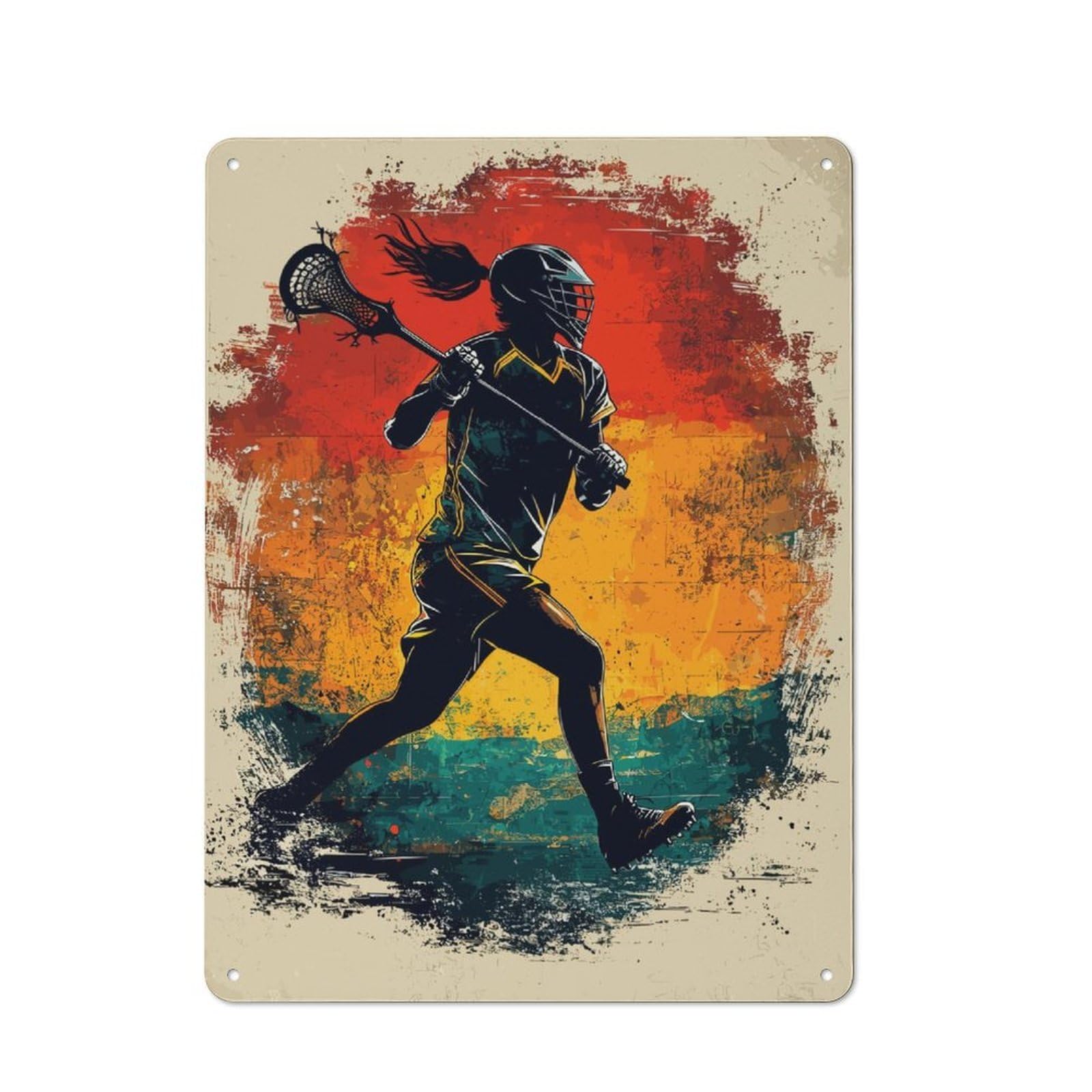 Junmoney Lacrosse Player Silhouette Metal Sign 40X30cm With For Workshop Wall, Vintage Decor, A Decorative Christmas Gift For Metal Sign Collectors