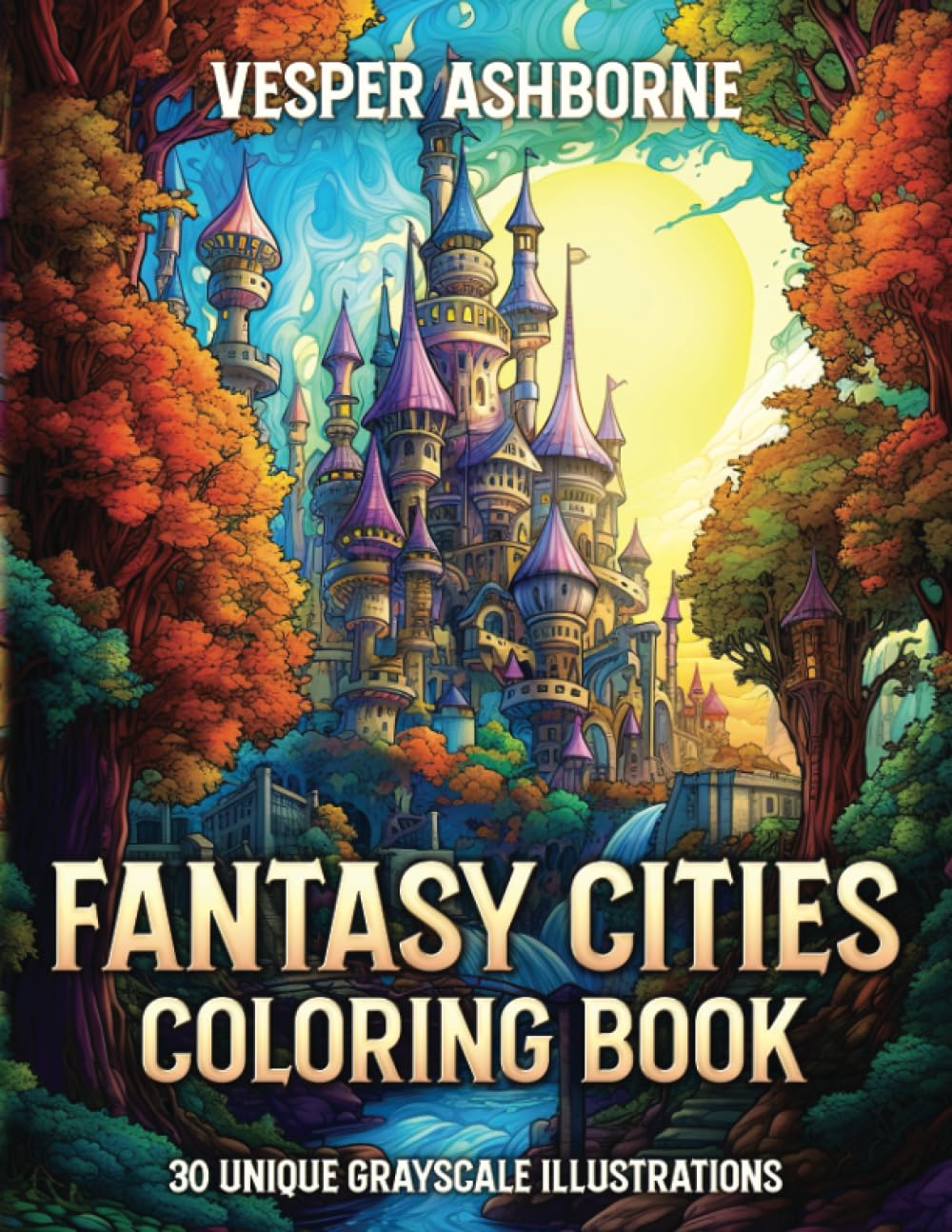 Fantasy Cities Coloring Book: A Scenic Coloring Book for Adults and Teens with 30 Beautiful Grayscale Scenes for Stress Relief and Relaxation