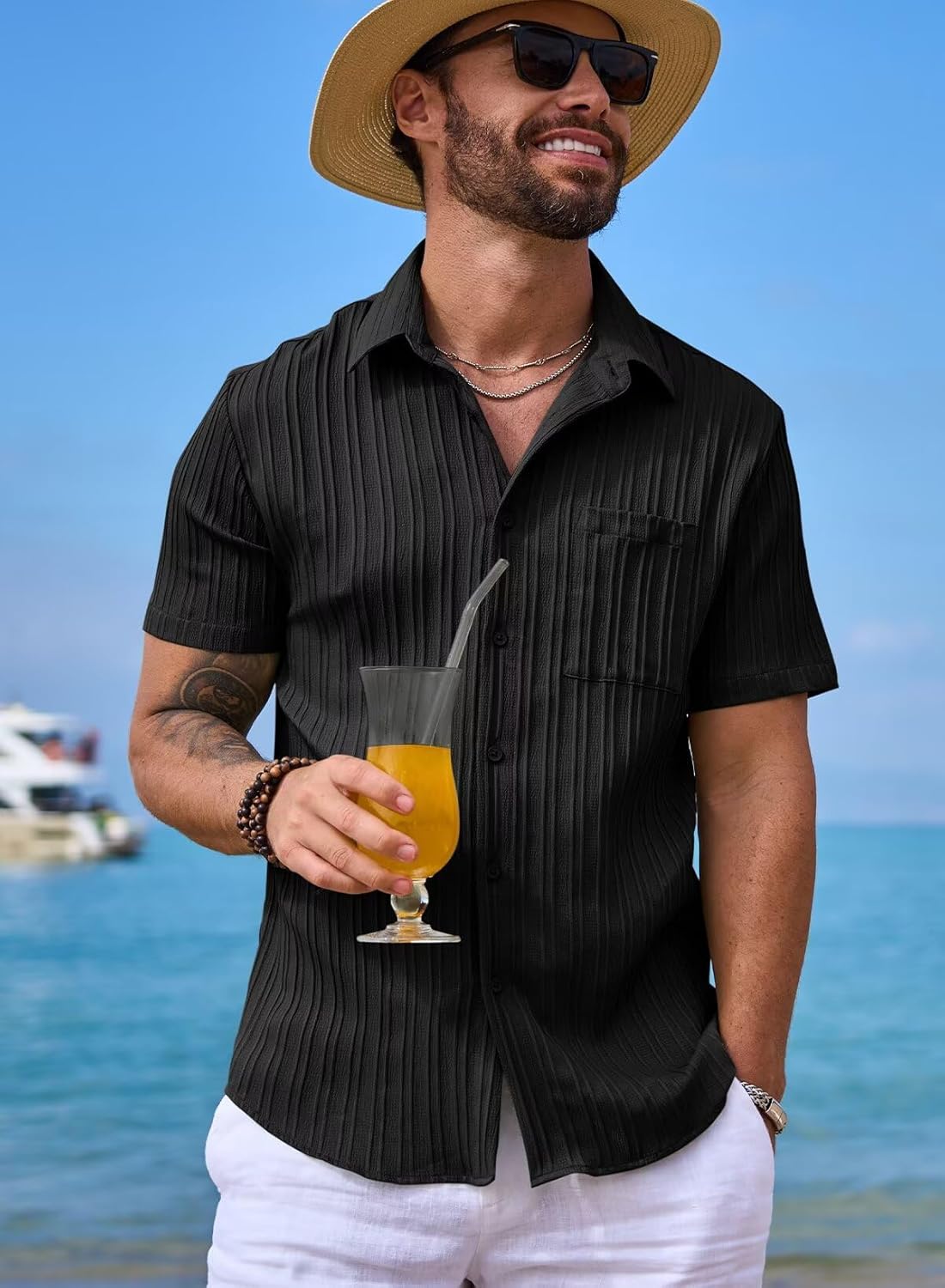 JMIERR Mens Short Sleeve Button Up Shirts Hawaiian Textured Shirt Casual Solid Color Dress Shirt Golf Shirts - Image 4