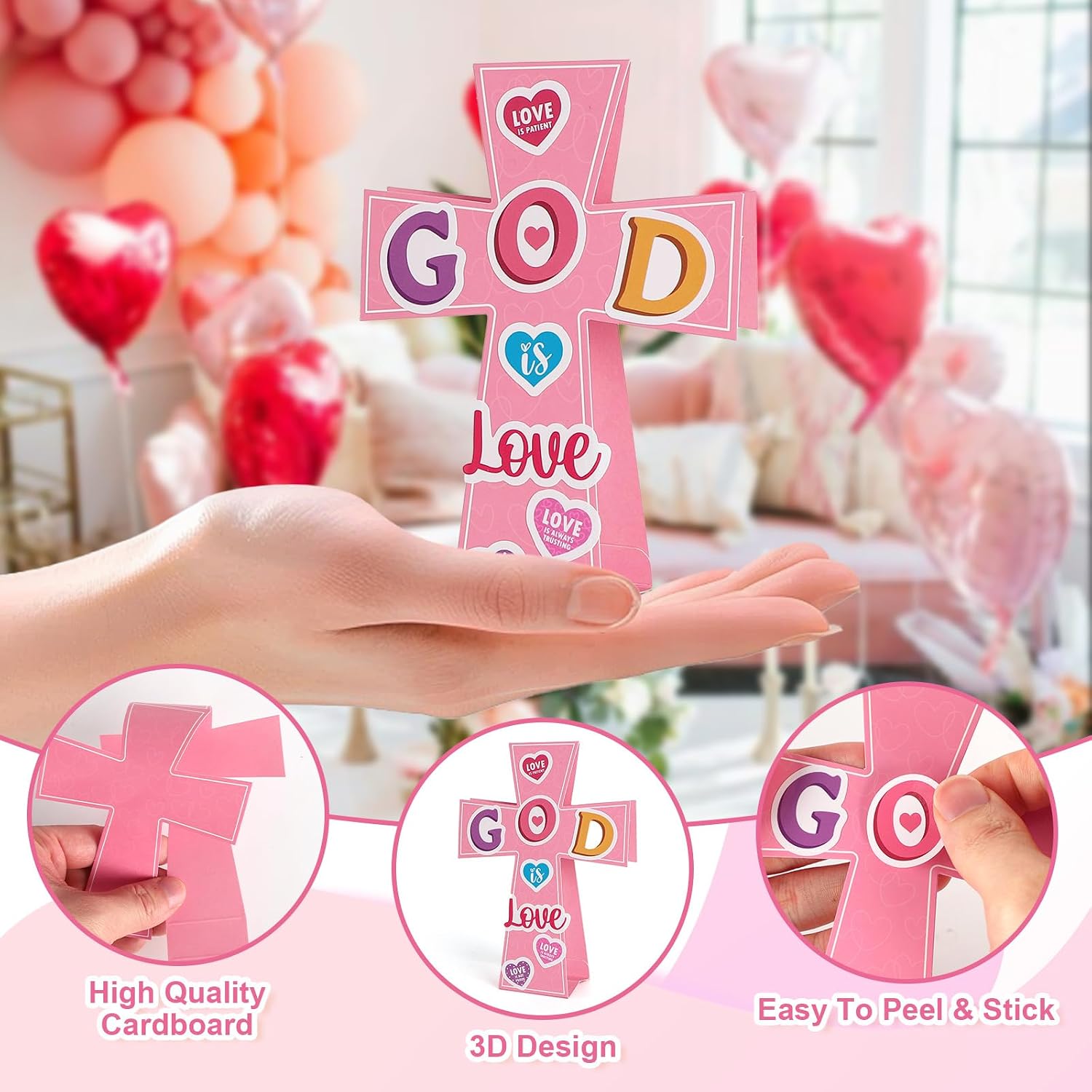Yewfold 24Pcs Valentine's Day Religious Cross Craft Kit, Valentines DIY Cross Make Your Own 3D Handmade Valentines Christian Crafts, God is Love Church Art Project Activities image 3