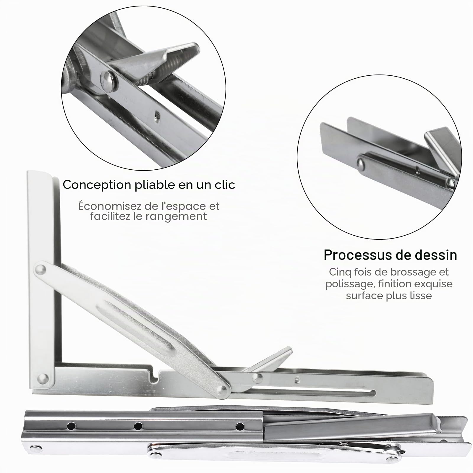 FreeTec Équerre Pliable - 300 mm - 2 PCS - Équerre Pliante Charge Lourde, Équerre Étagère Murale en Acier Inoxydable, Équerre Rétractable, Supports d'Étagère Pliants, Charge Max: 150 kg