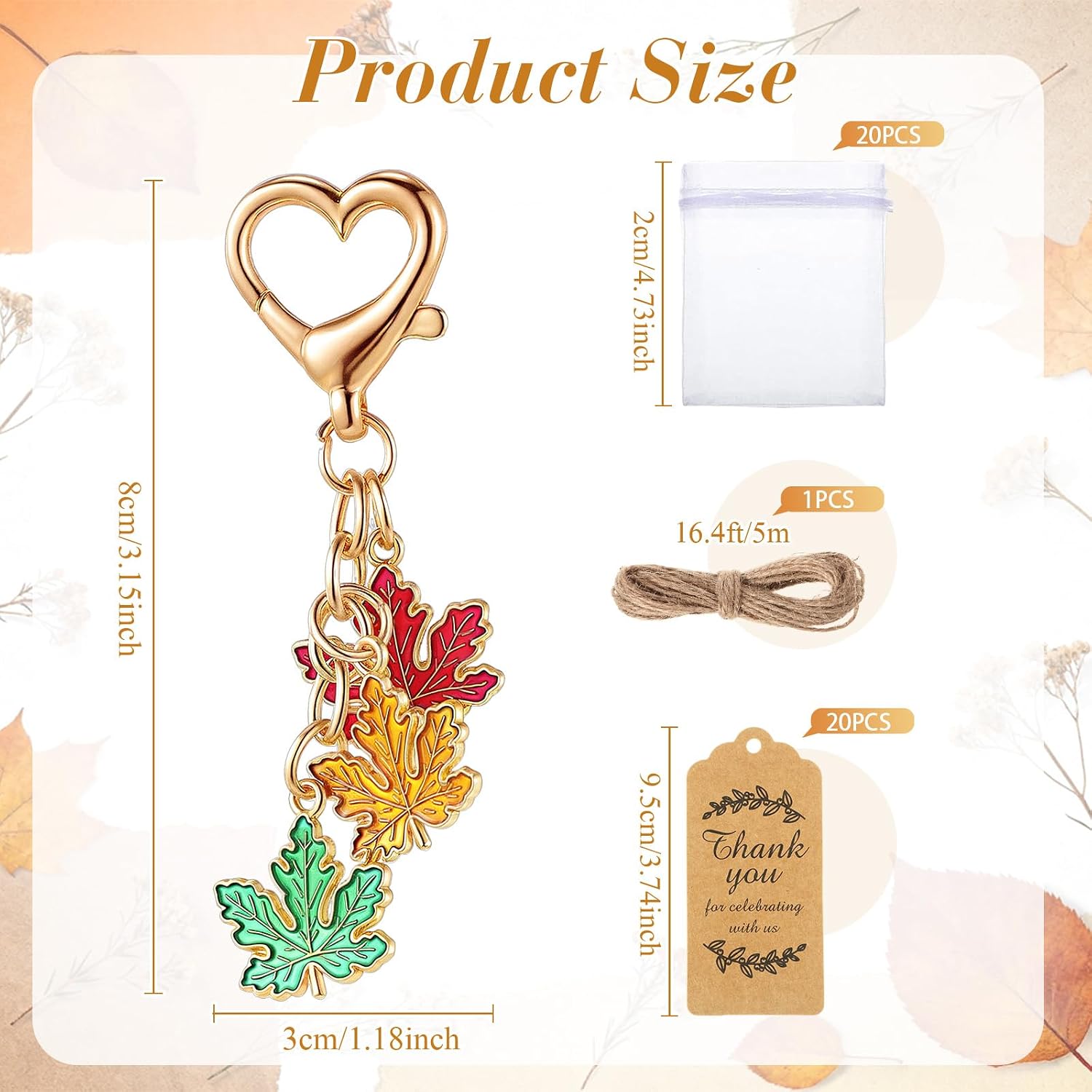 Ecation 20 Set Maple Leaf Keychain Party Favors Set Maple Leaf Charm Aesthetic Accessories Autumn Souvenir Present with Kraft Tags Organza Bag for Guests Baptism Shower Wedding