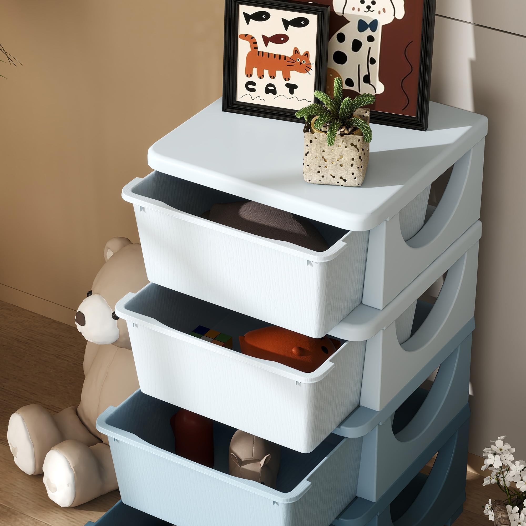 HOMCOM Tour de rangement pour enfants avec 4 tiroirs, rangement pour jouets pour enfants +3 ans, avec bords arrondis et poignées, pour chambre d'enfant, salle de jeux, chambre à coucher, 37x37x76 cm,