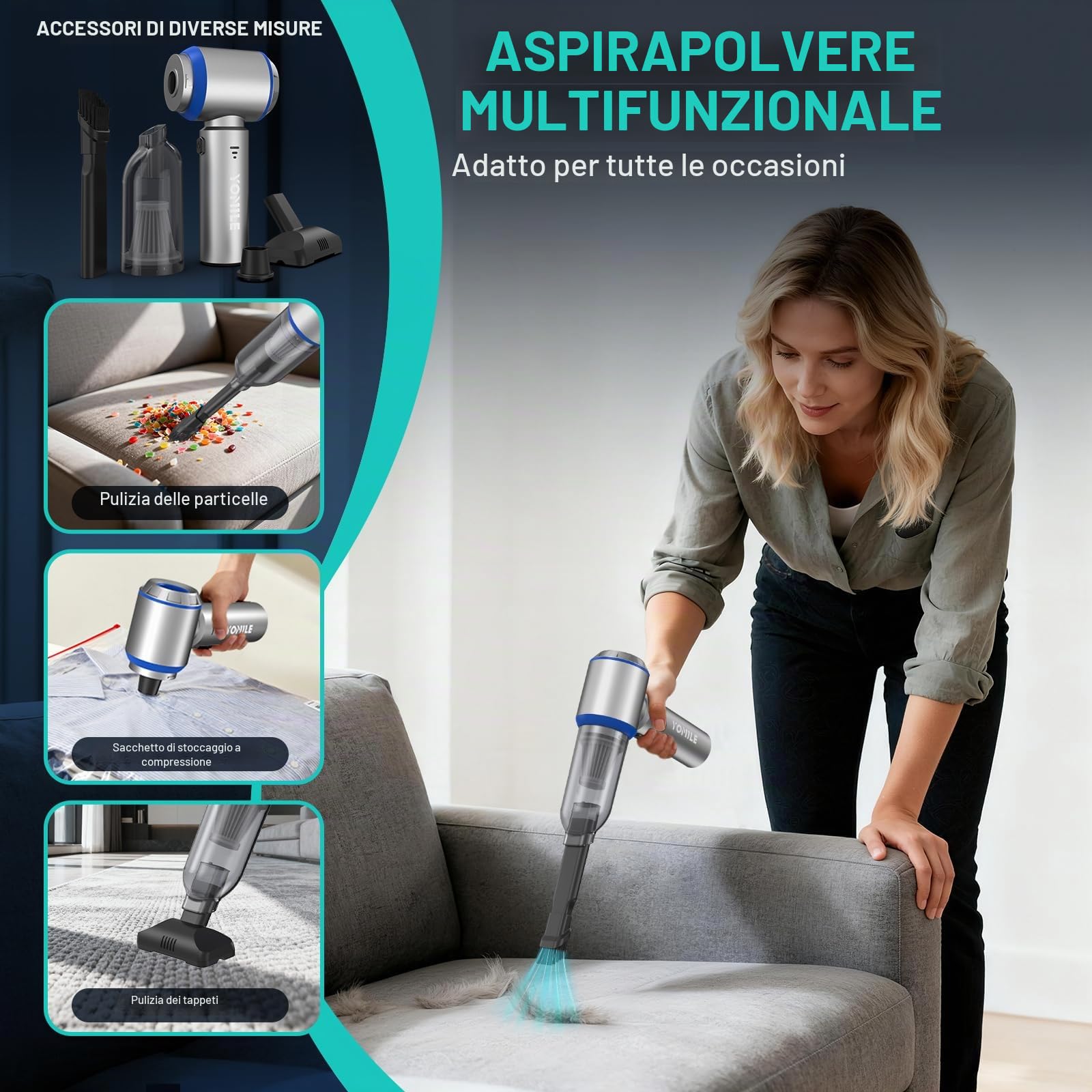 Yomile Aspirabriciole Senza Fili, 27000PA 4 in 1 Aspirapolvere per Auto Portatile,Aspiratore e Soffiatore con Motore Brushless Mini Aspirabriciole Senza Fili Potente per Auto Casa (Silver)