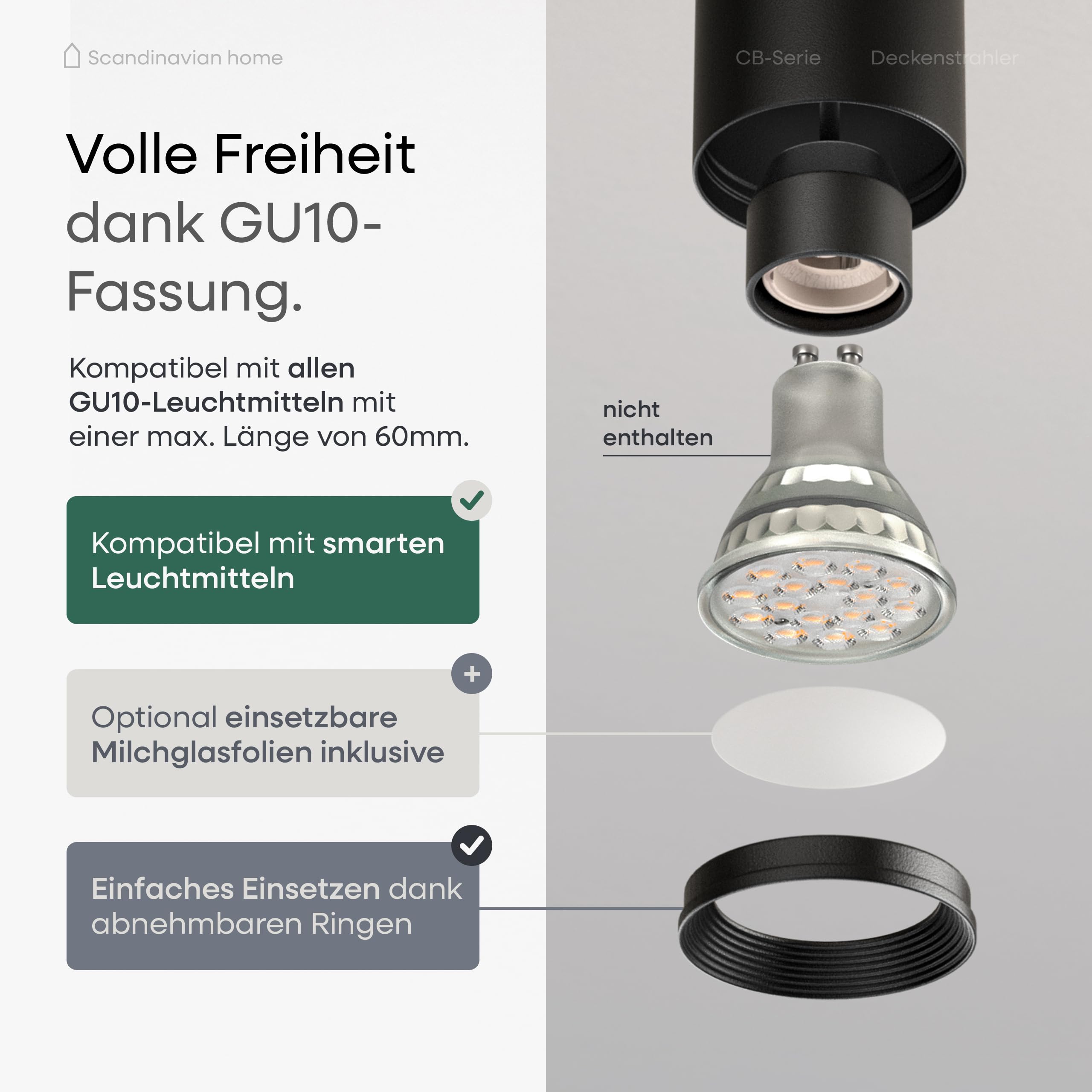 Scandinavian home Deckenstrahler 4-flammig GU10 Deckenlampe 360° Schwenkbar Blendfrei Flach Matt Schwarz
