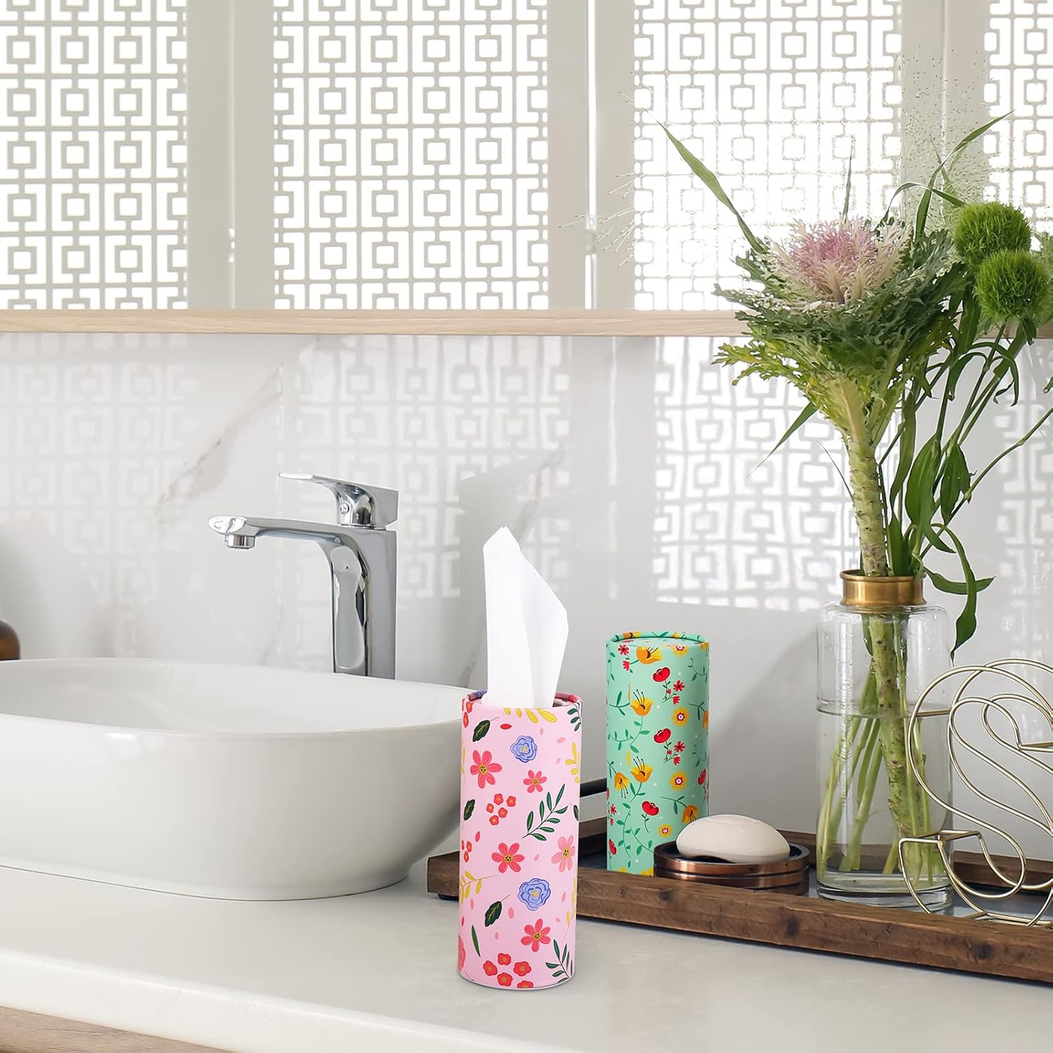 12 Pieces Spring Flowers Car Tissues Box Spring Floral Car Tissue Cylinder in 4 Design Refill Round Tissue Holder with Facial Tissues for Wedding Birthday Party Cup Holder Travel Home