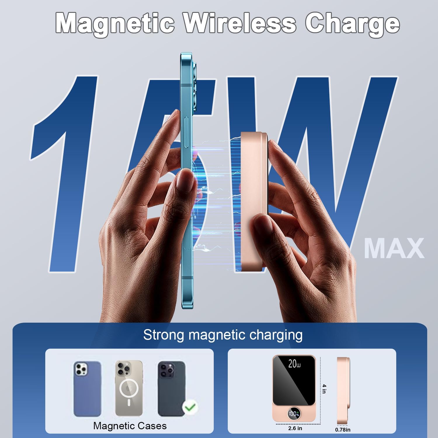 Hands holding a smartphone magnetically attached to the Matast DY210 power bank, illustrating 15W wireless charging.