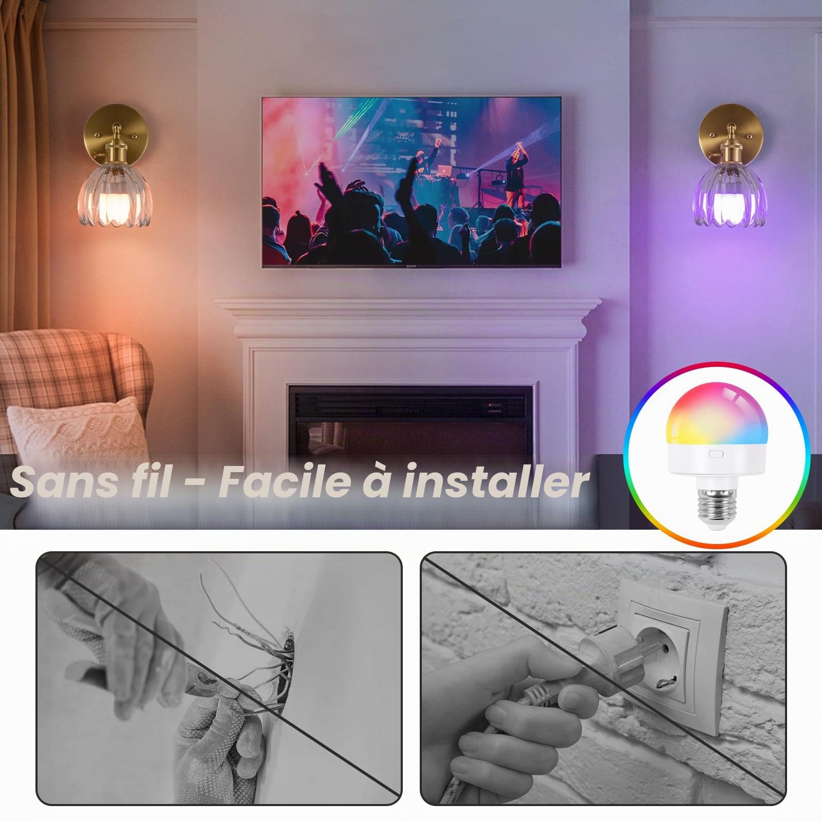 Applique murale vintage à piles avec abat-jour en verre tulipe transparent, lampe murale rechargeable avec télécommande pour chambre, salon, couloir, allée