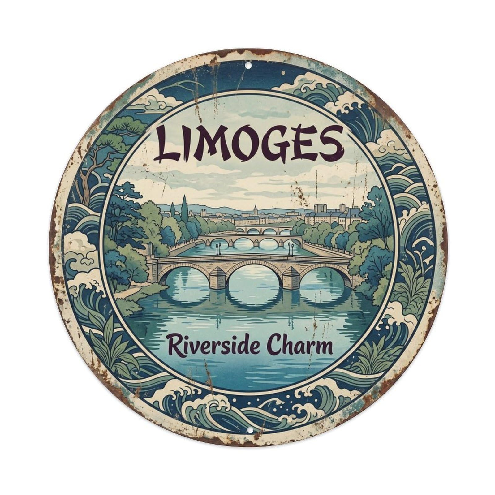 Limoges France Vienne Historic Travel Cartography Cityscape Metal Tin Sign Plaque Wall Decor for Cafe, Man Cave, Club Bar, Office, Home Garden Round Metal Poster 8x8Inch
