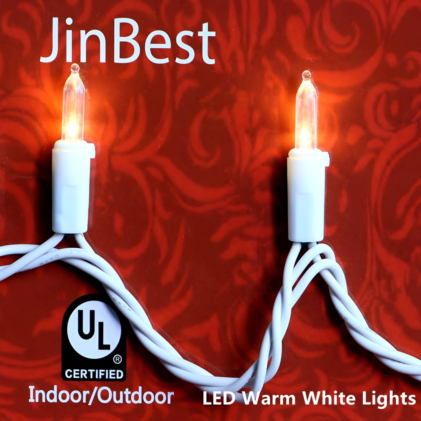JinBest 150 LED Warm White Christmas Lights, 50 FT White Wire String Lights, UL Certified and Commercial Mini Light Set, for Indoor Outdoor Party, Garden, Patio.