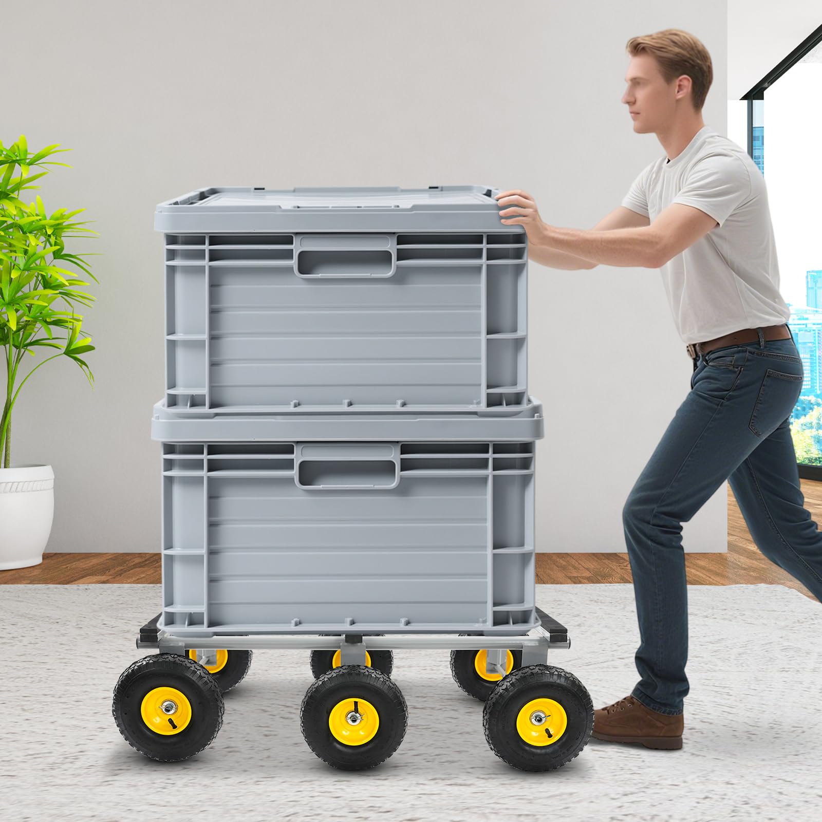 Plattenwagen Transportwagen Möbelwagen Plattformwagen 540 Kg/1200 lbs, 6 Räder, Schwerlast Lasten Karre Transportkarre Luftreifen (Gelb+Grau)