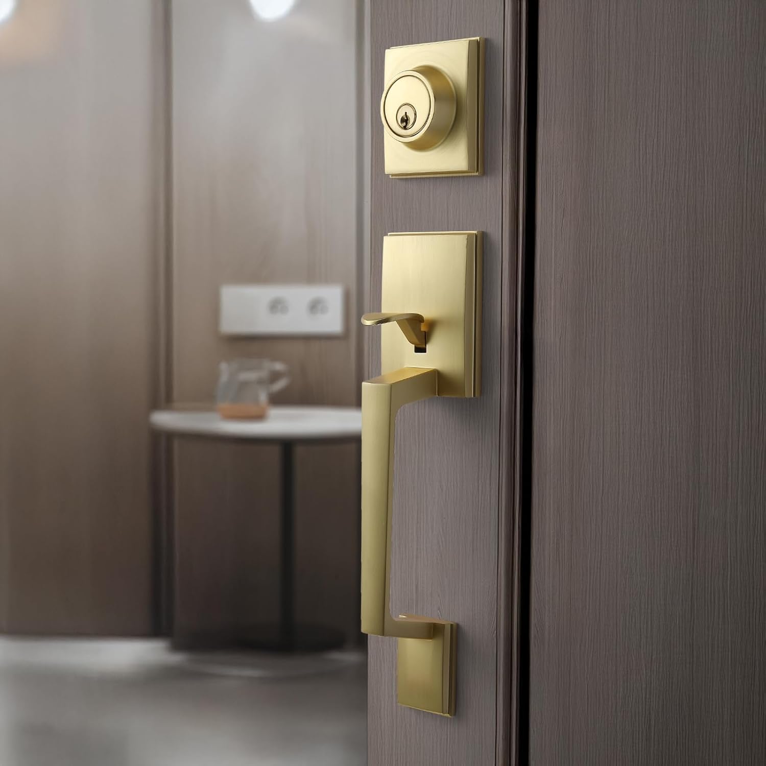 Satin-Brass Modern Front Door-Handle - Entry Door Lock with 3 Keys Single Cylinder Deadbolt,Exterior Door Knob Set Reversible for Left and Right Hand