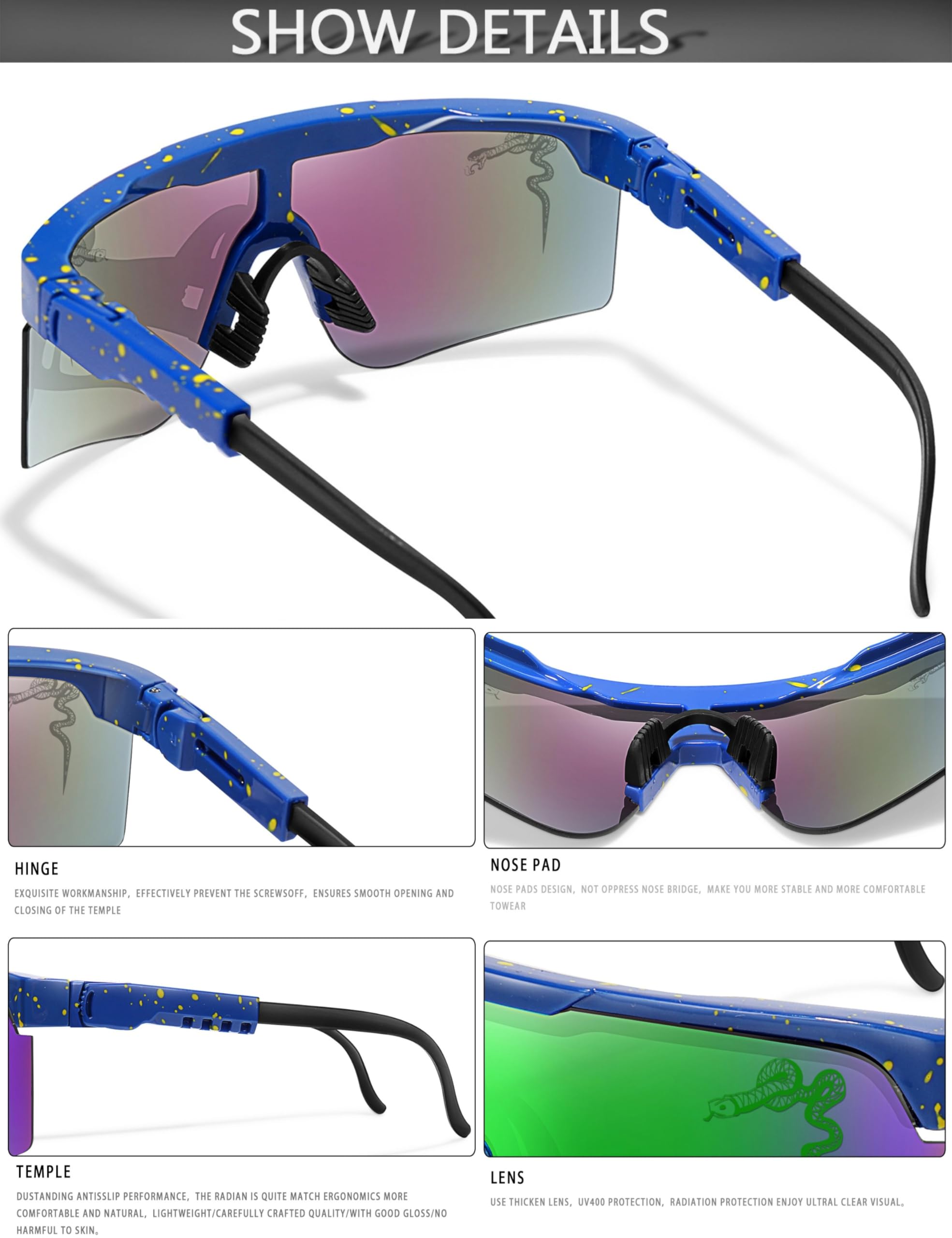 Lunettes de soleil pour le cyclisme et la course à pied - Bras amovibles - Lentille légère en polycarbonate - Lunettes de sport en plein air - Plusieurs couleurs