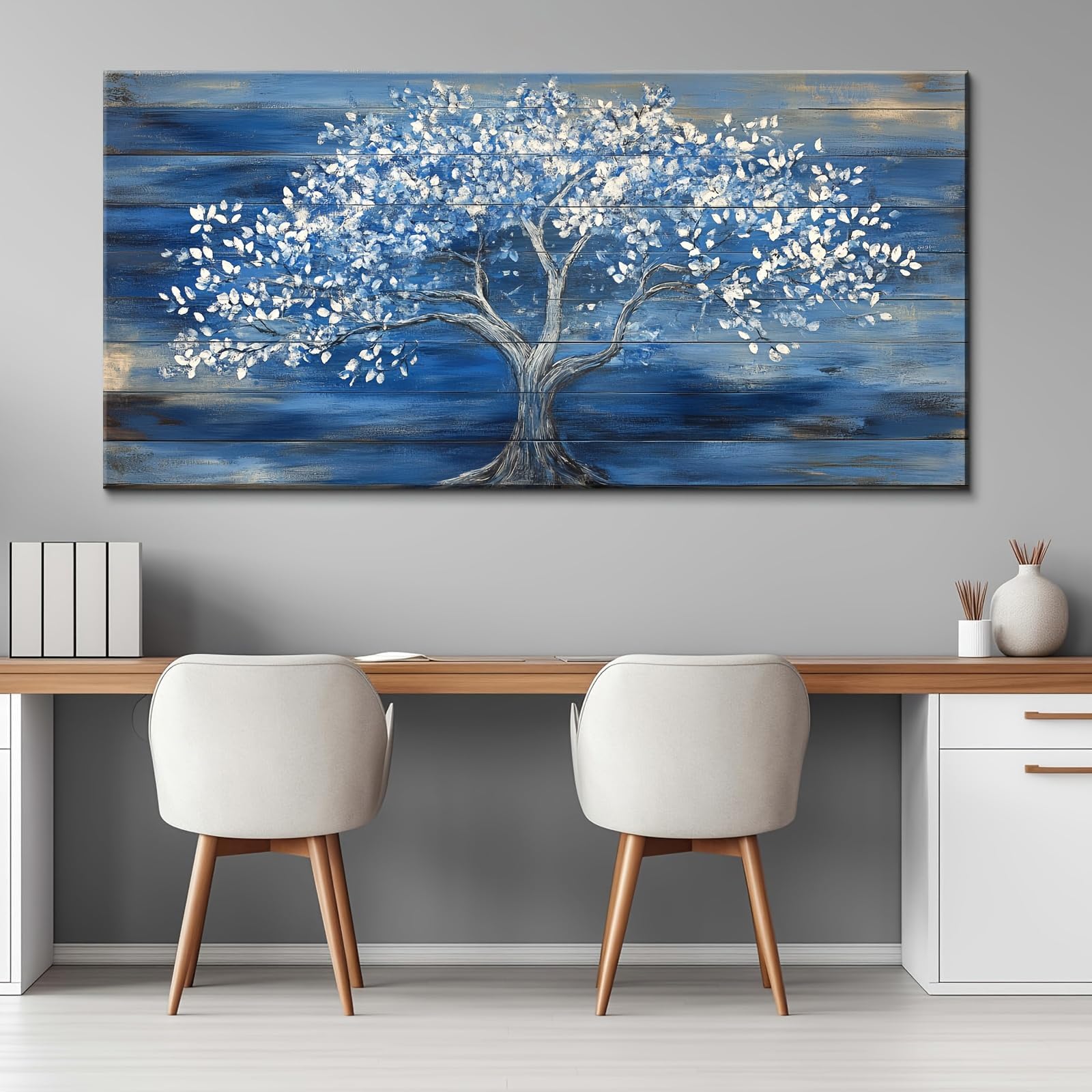 YIdhDCgj Blue Tree Canvas Wall Art, Modern Abstract Print, Blue Nature Artwork for Living Room Bedroom Decor(65x125cm/Frameless)