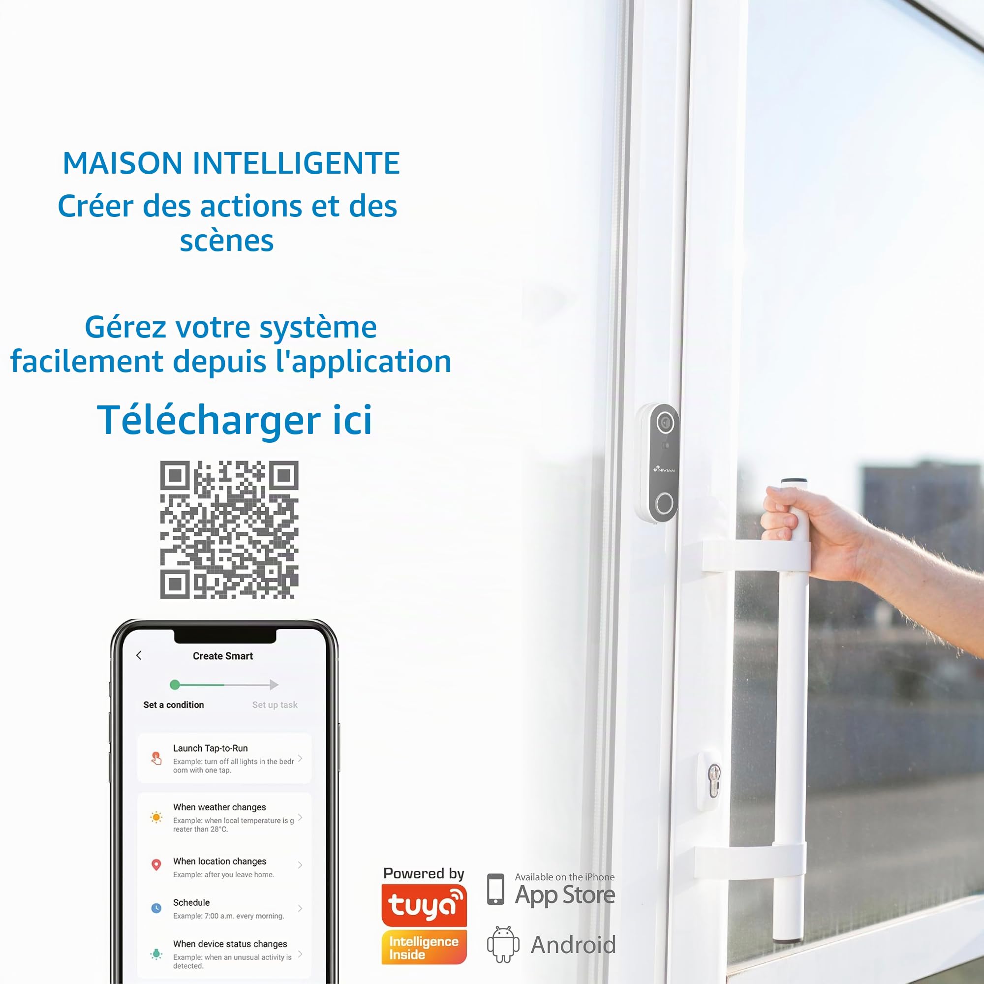 NIVIAN - Sonnette Vidéo Intelligente WiFi avec Caméra Full HD, Audio Bidirectionnel, Détection de Mouvement, Vision Nocturne, Batterie Rechargeable, Compatible avec l’App Tuya, Alexa et Google