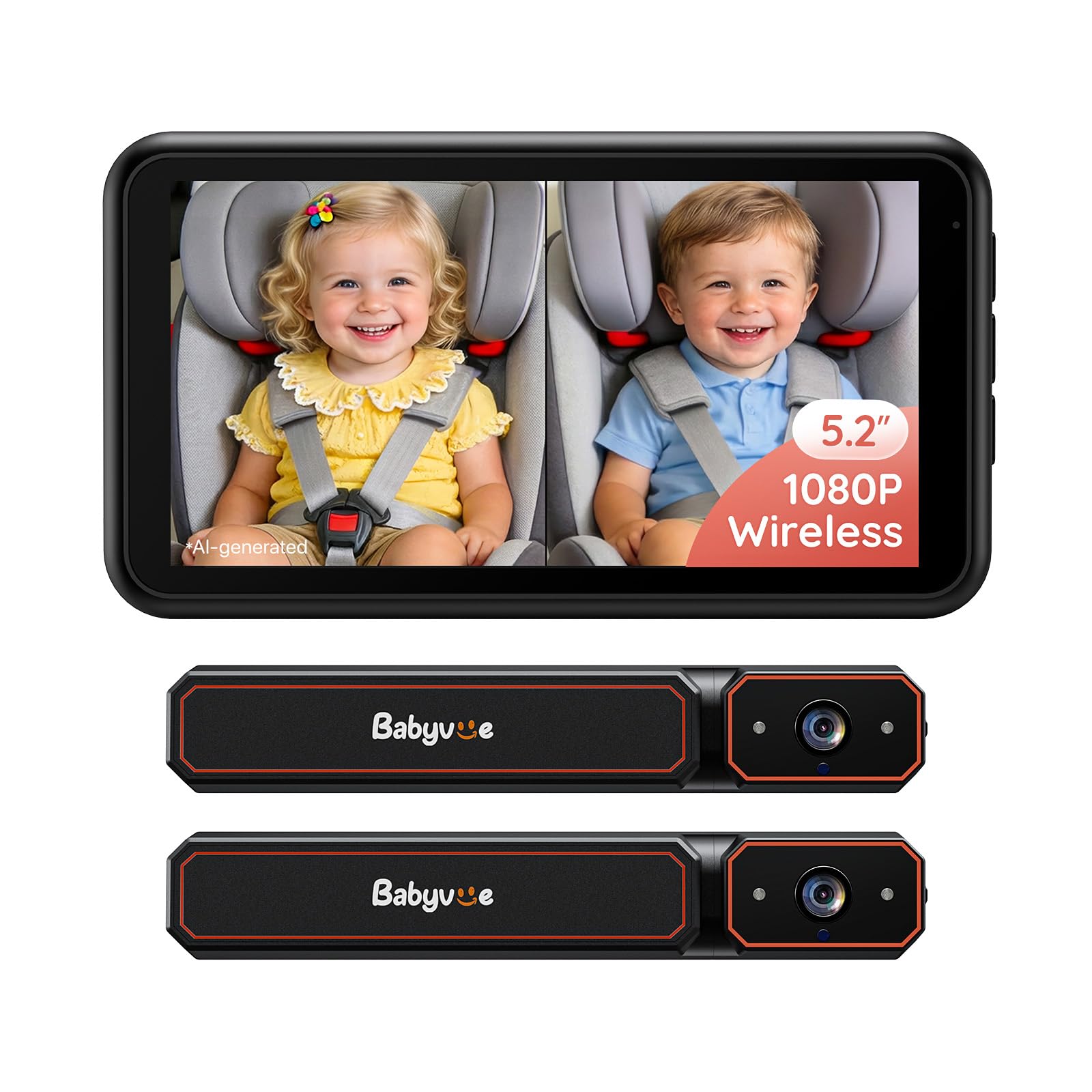Babyvue BV6PRO 무선 듀얼 자동차 카메라 베이비 모니터 빠른 설치 | 배선 없음, HD1080P, 5.2인치 디스플레이, 2명의 아동용 흘림 스크린, 자동 IR 야간 시야, 신생아 선물용 거울 이미지