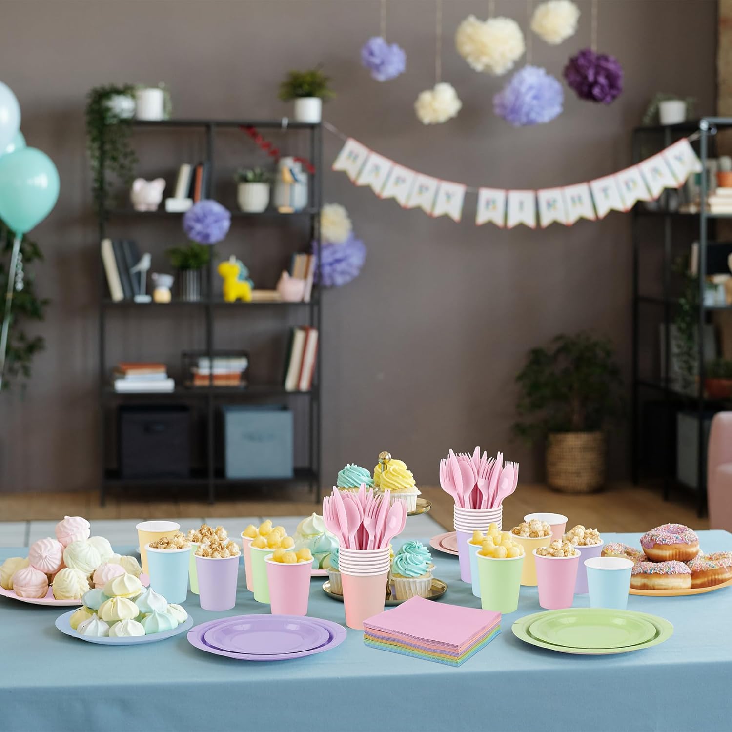durony 360 Pieces Pastel Rainbow Disposable Party Supplies Serves 48 Guests Include 7" and 9" Pastel Paper Plates Cups Napkins Cutlery Pastel Rainbow Party Decorations for Birthday Wedding Baby Shower