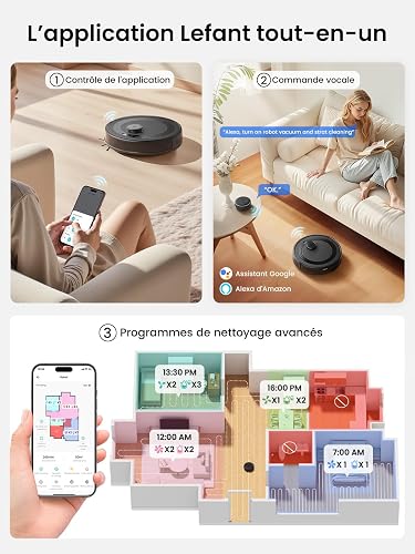 Lefant M2 Plus Aspirateur Robot Laveur avec Station 6000Pa Vidage Automatique Poussière,Navigation Laser Cartographie,Évitement d'obstacles PSD,Idéal pour Poils d'animaux/Tapis, WiFi/App/Alexa, Noir - 8