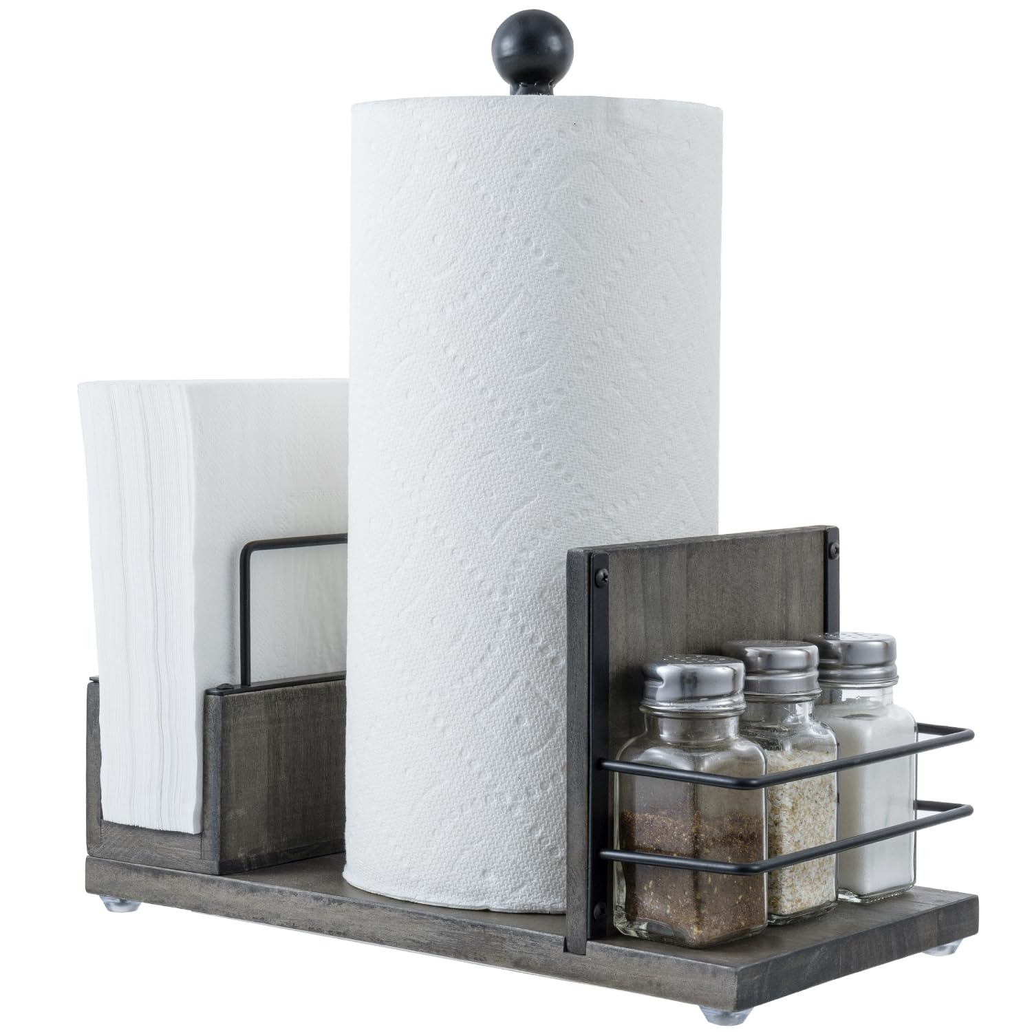 MyGift All-in-One Paper Towel Holder Kitchen Caddy, Vintage Gray Solid Wood and Industrial Matte Black Metal Dining Combo Rack with Paper Towel Dispenser, Napkin Holder, and Spice Rack