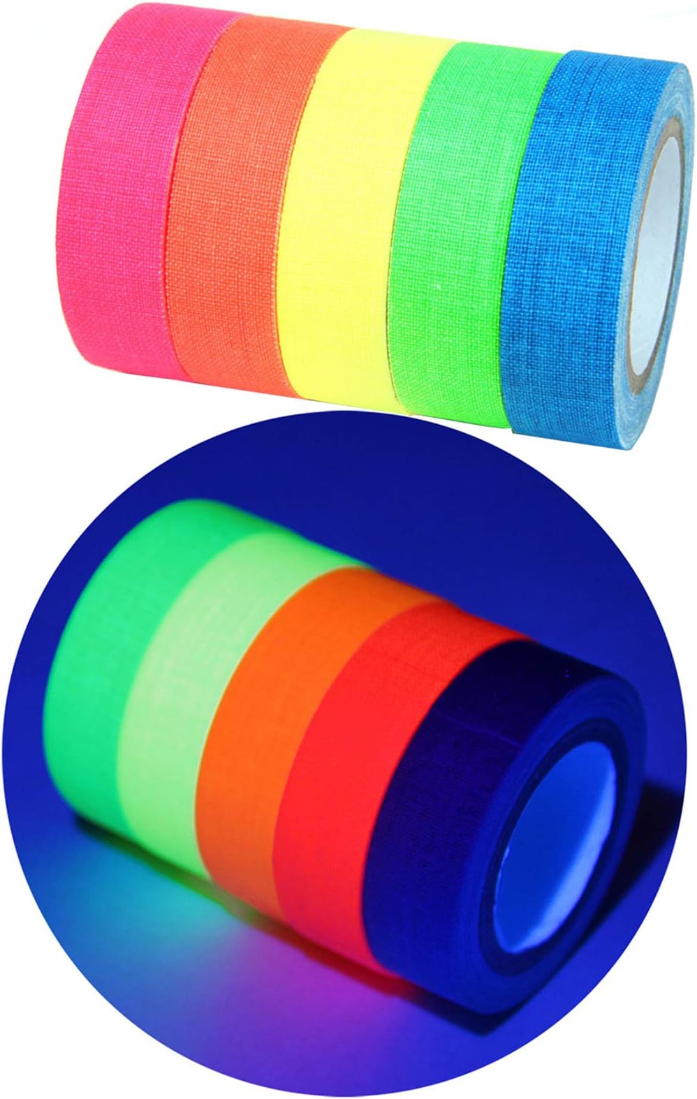 YUKUNTANG 5-Pack UV Blacklight Reactive Fluorescent Cloth Tape Neon Gaffer Tape Set 0.6 in x 16 ft