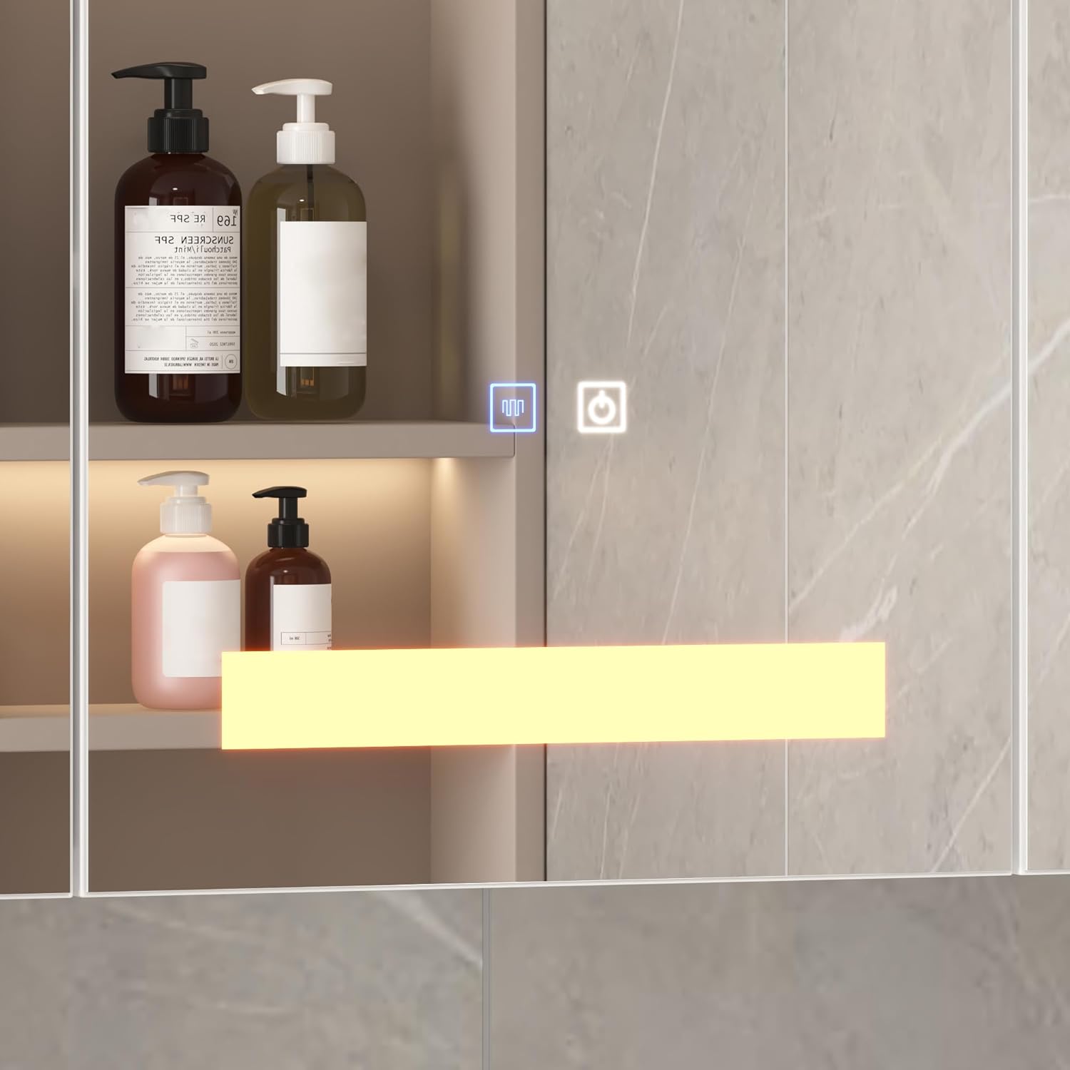 ECACAD Lighted Medicine Cabinet with Anti-Fog Mirror & Hidden Shelves, Wall Mounted Bathroom Mirror with Storage, Bathroom Wall Cabinet with 3 Doors and Adjustable LED Lights