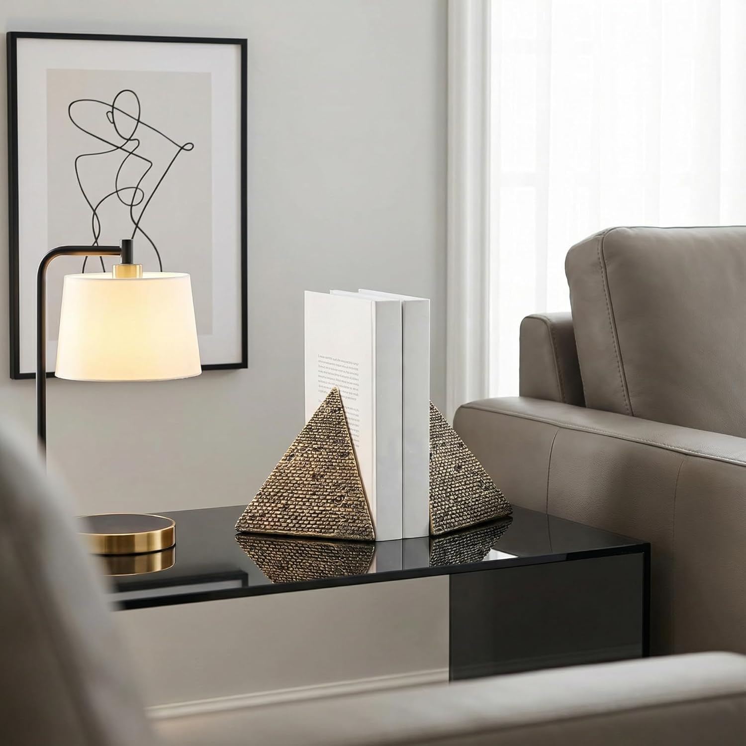 Egyptian Pyramid Book Ends for Shelves Decor, Unique Resin Stone Bookends, Heavy Duty Book Stoppers for Home Office Bookshelf Accessories, Vintage Pyramid Sculpture Decoration, Antique Gold