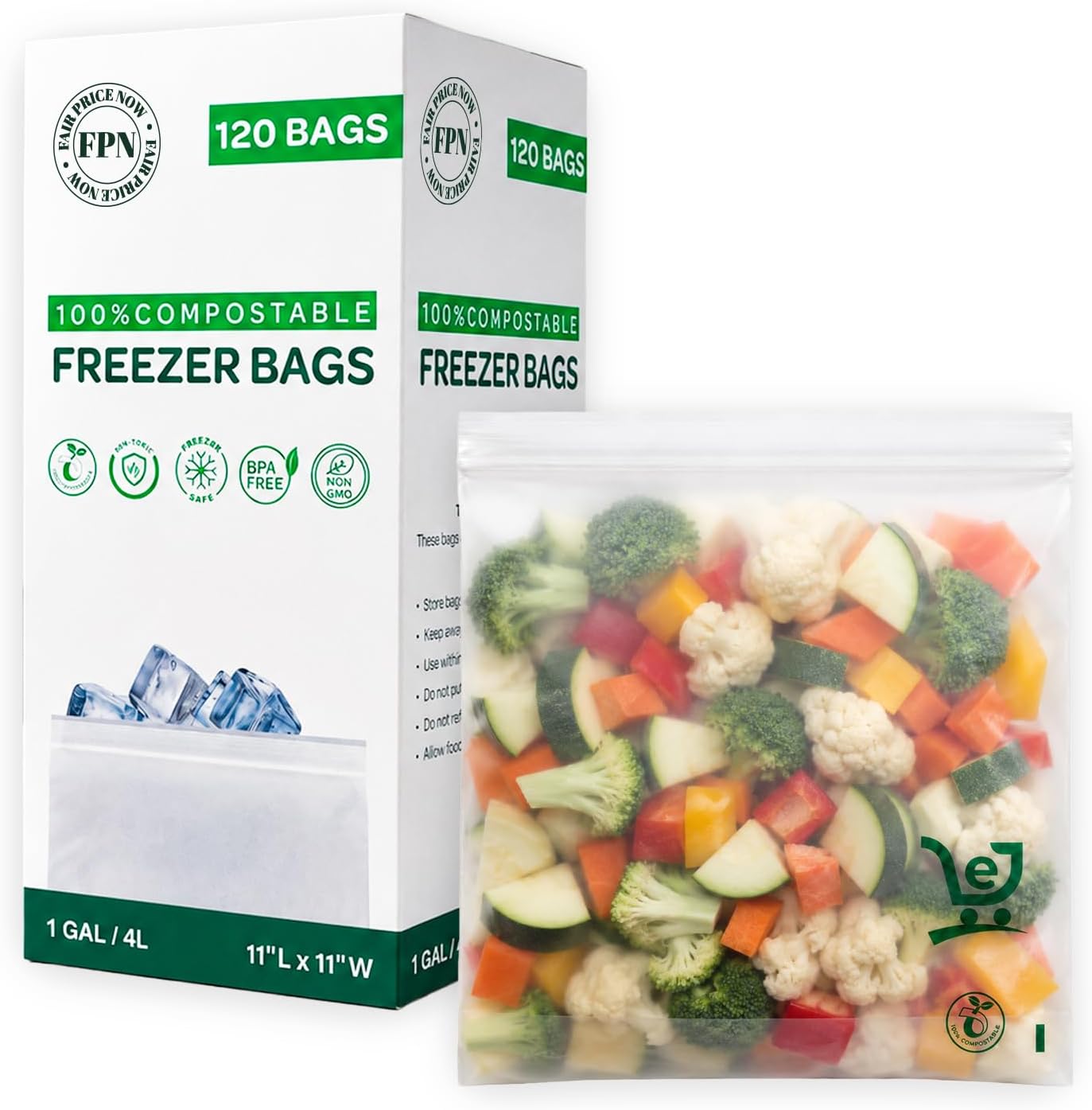 Freezer Zip Bags, 1-Gallon Pack 120 | Compostable | Keep Food Fresh Longer | Leak-Proof & Freezer-Safe | Plant-Based Storage Bags | Eco-Friendly Alternative to Plastic | Strong Resealable Seal