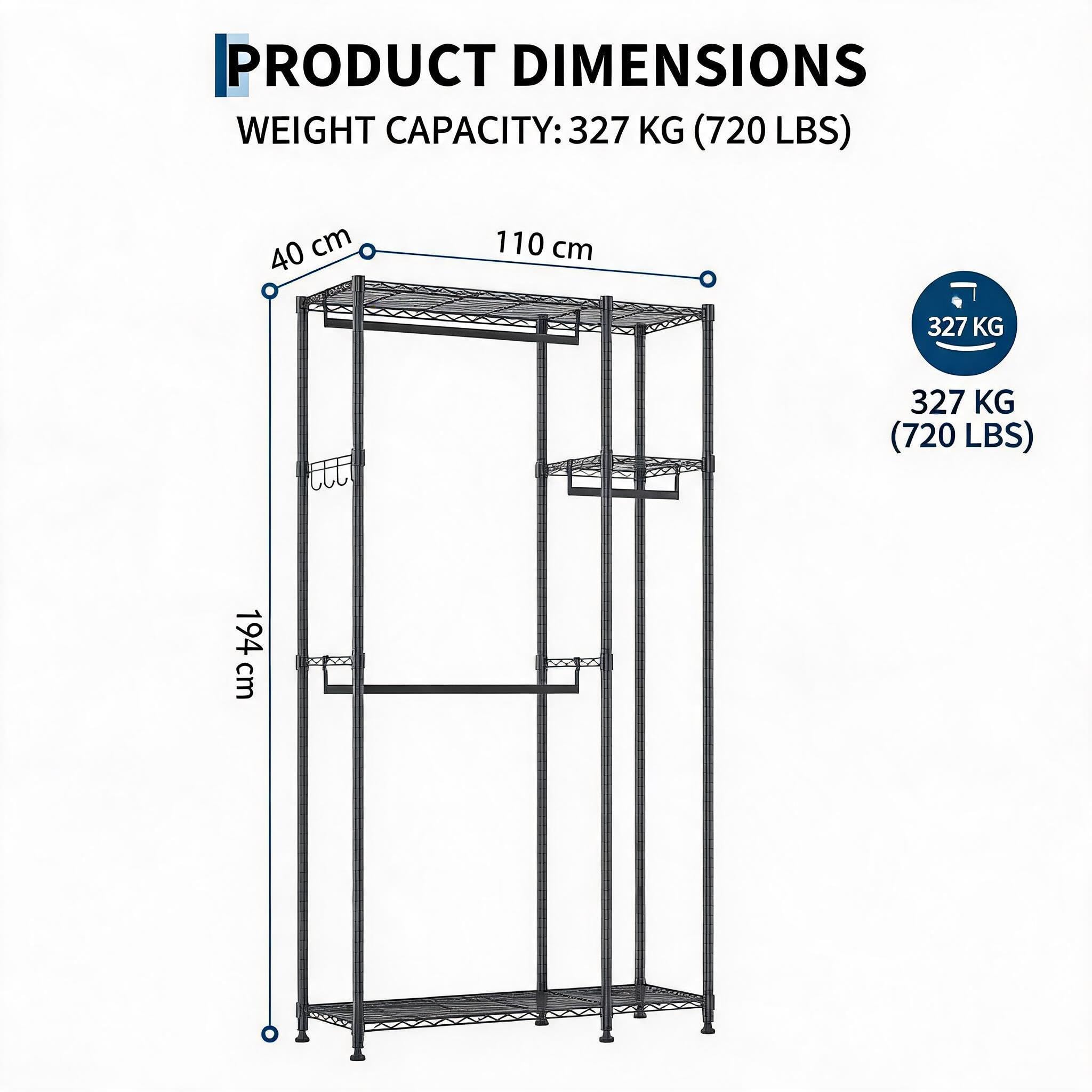 Aptliton Kleiderschrank, Stoffschrank Mit 2 Kleiderstangen, Faltbarer Garderobenschrank Aus Carbonstahl, Tragbarer Aufbewahrungsschrank Für Schlafzimmer Ankleidezimmer, 110 x 40 x 194 cm, Schwarz