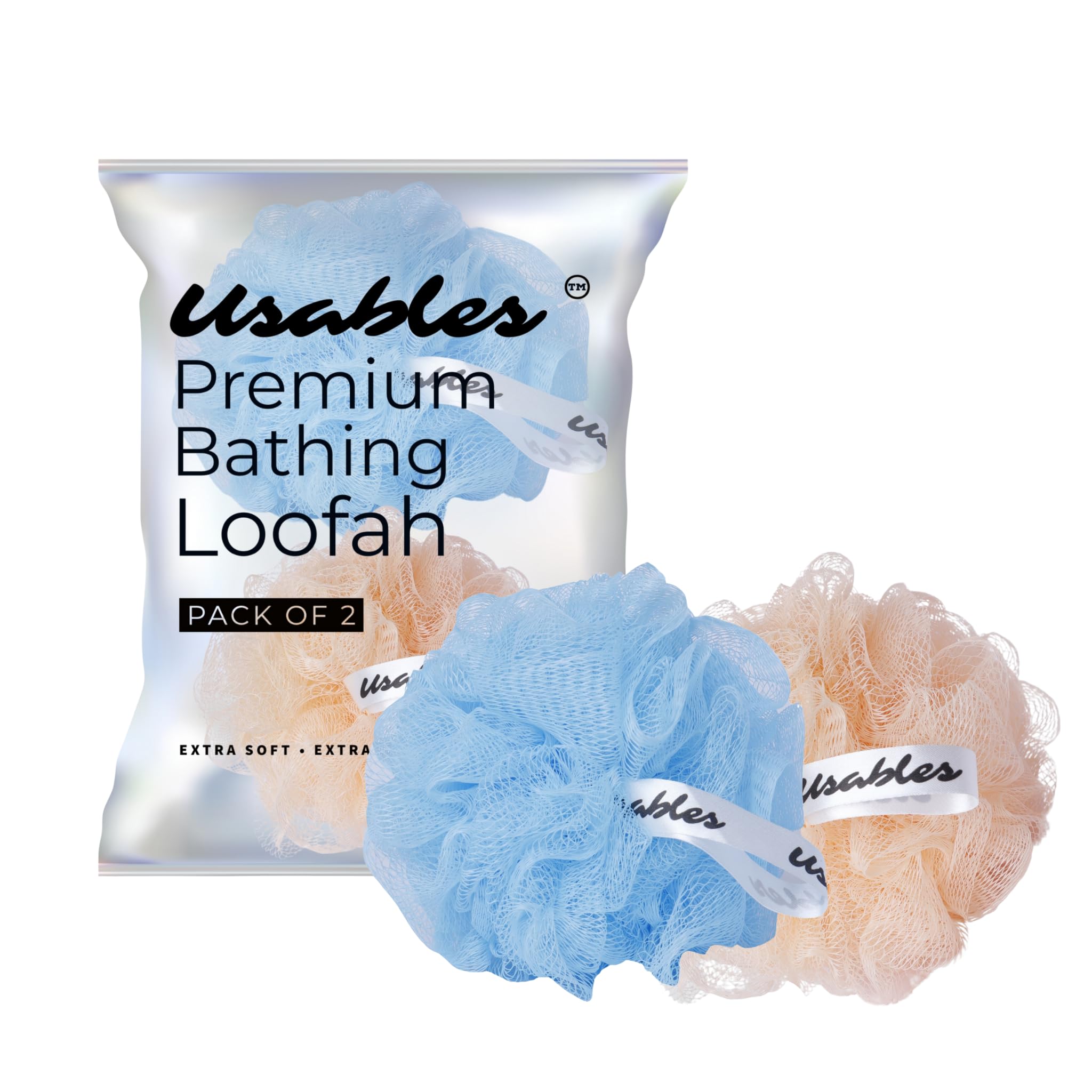 Usables ORGANIC Bath loofah combo Sponge - Pack of 2 | Gentle Exfoliating Scrubber for Bathing, Showering, Cleaning for Men and Women (Blue, Beige)-image-16