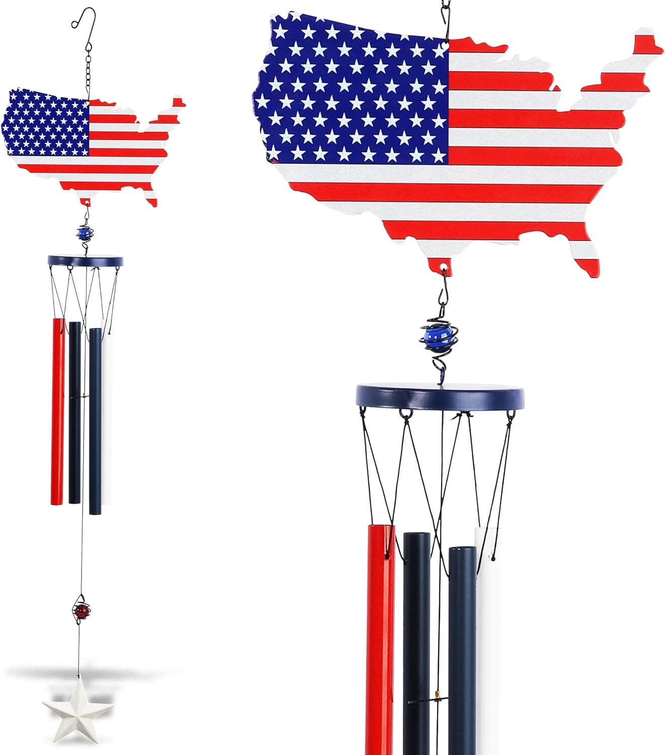 CoTa Global USA Map Flag Wind Chime - Handmade Metal Hanging Decor, Patriotic United States Ornament with Red Blue Tubes, Indoor Outdoor Porch Patio Yard Decoration - 33 Inches