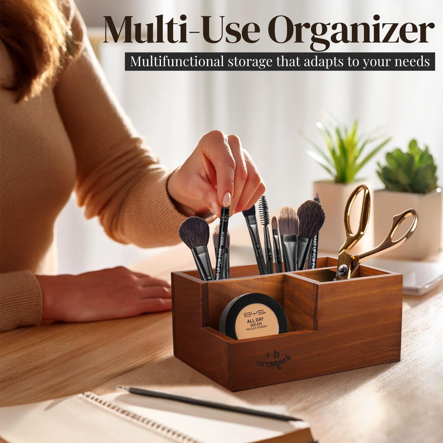 Flexzion Rustic Wooden Pencil Holder for Office - 3 Slots - Desk and Table Storage Organizer - Multifunctional Remote Control Holder for Home, School and Office