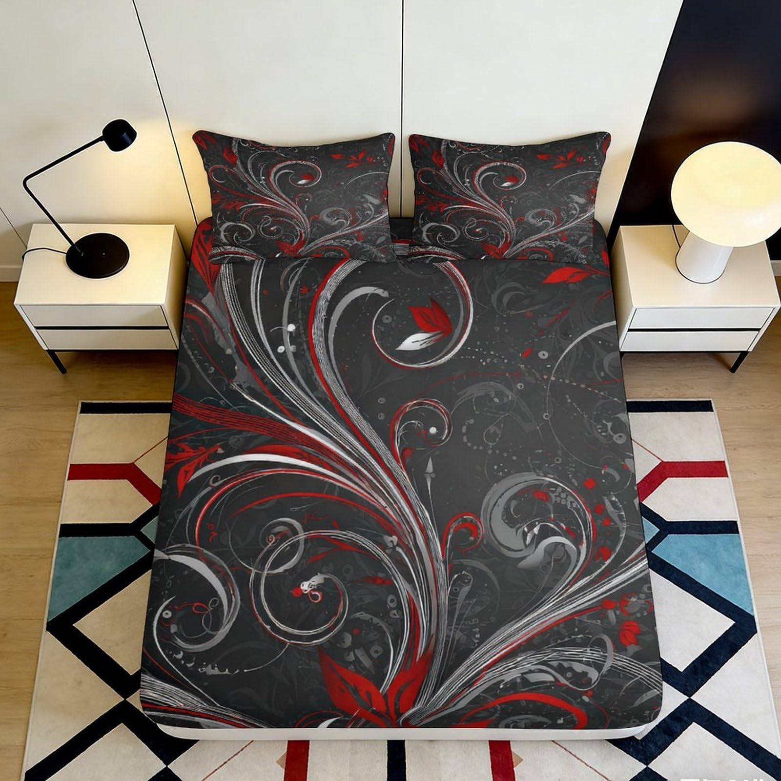 3D Printed Swirl Abstract Fitted Sheet Microfiber Soft Breathable Red Grey Mattress Cover for Bedroom Guest Room 90x200x25cm