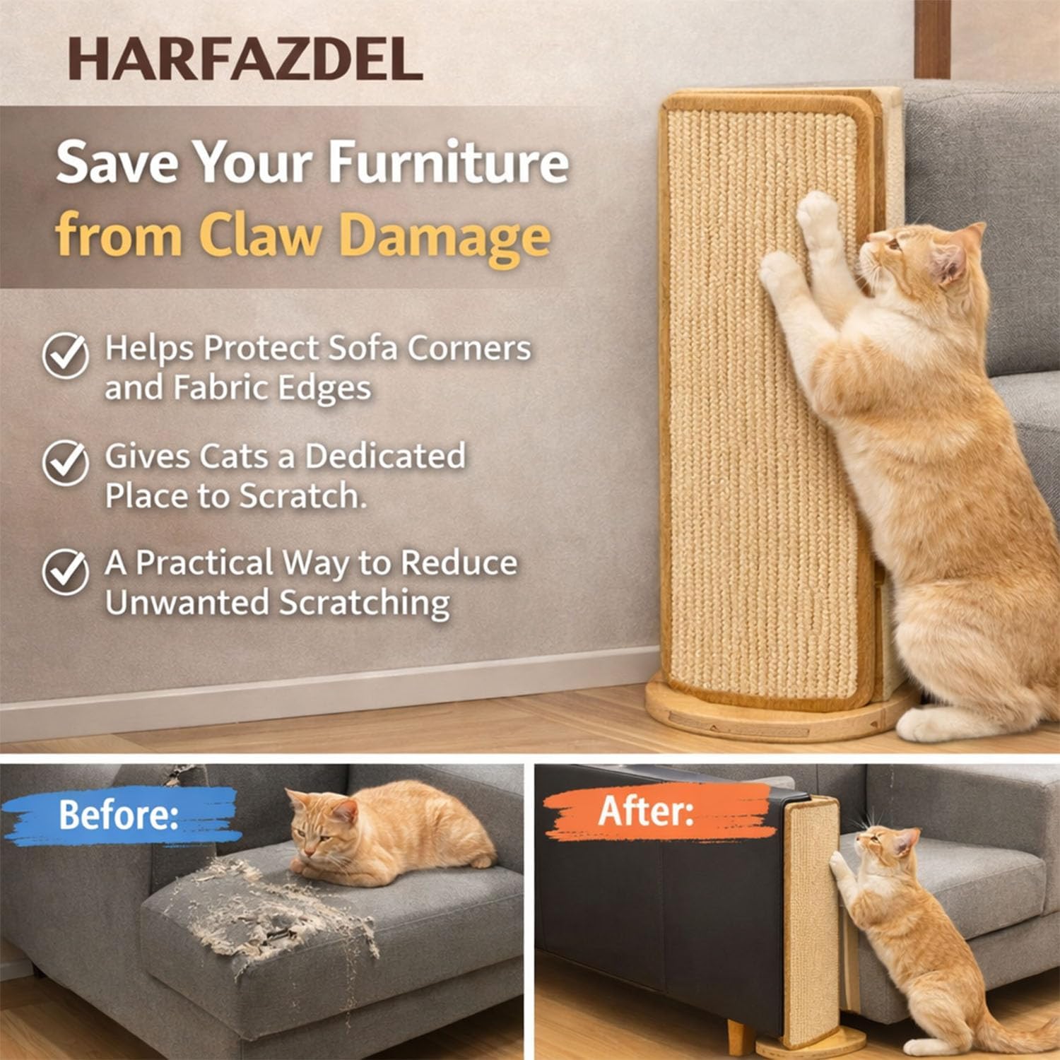 Corner Cat Scratcher for Couch, Sisal Cat Scratch Pad Couch Corner Protector for Cats, Furniture Protector from Cat Claws, Space Saving Scratching Board for Indoor Cats (Taller Version)