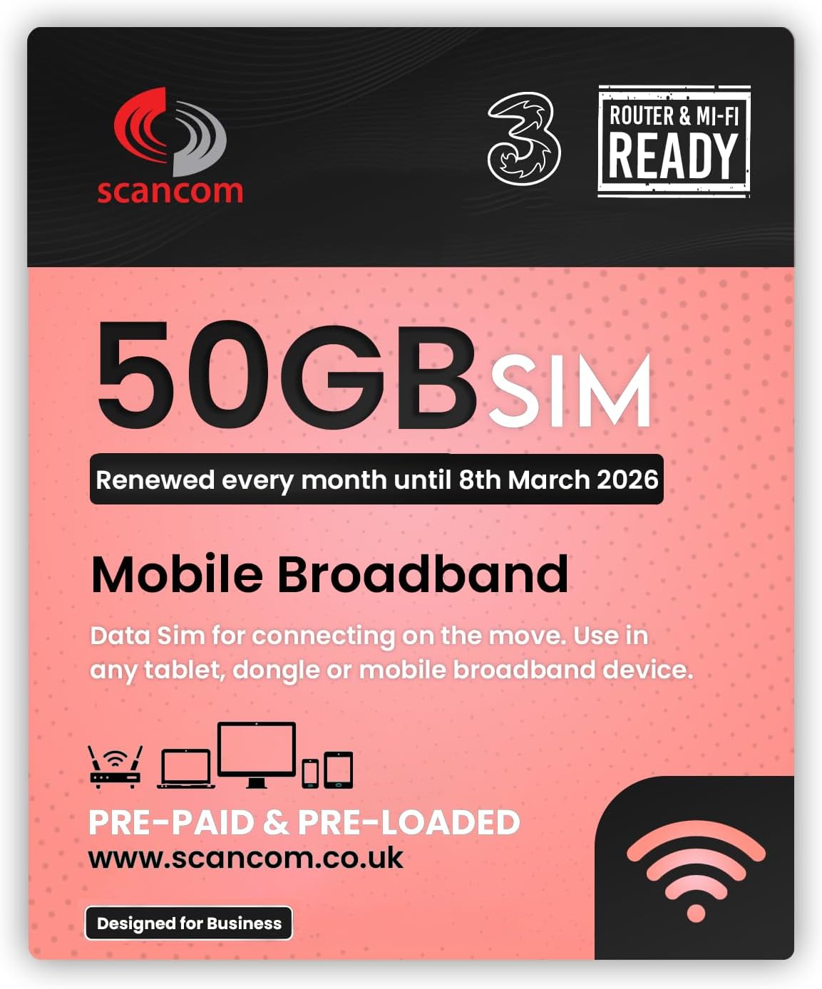 Three 50GB Data SIM - Uncapped 5G - Preloaded MONTHLY Until March 2026 - Plug & Play for Routers & Phones - Access to Three & Vodafone - Connects to the Strongest Signal available