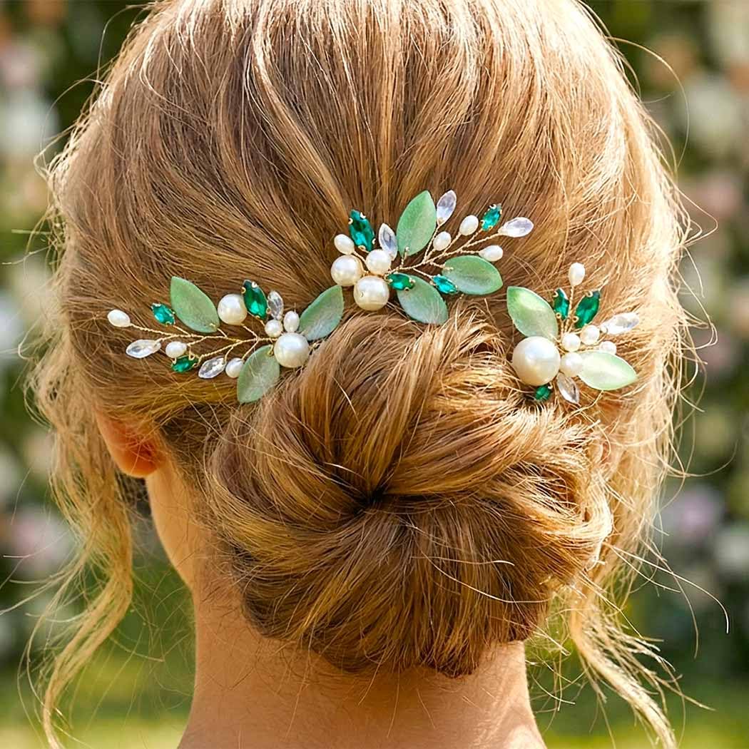 HEREAD Pearl Bride Wedding Hair Pins Gold Leaf Bridal Hair Pieces Crystal Hair Accessories for Women (Pack of 3) (Gold)