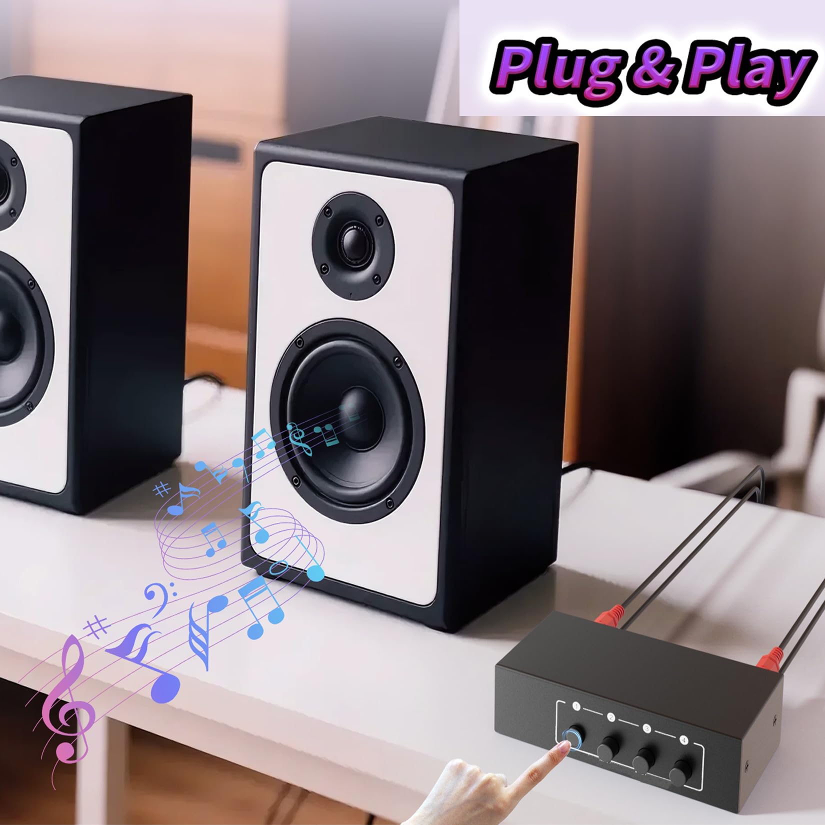 BolAAzuL - Divisor de audio auxiliar de 3,5 mm + RCA L/R, 1 en 4 salidas, caja distribuidora de audio estéreo de 4 canales de 4 canales para reproductor de DVD, consola de juegos, auriculares, altavoz