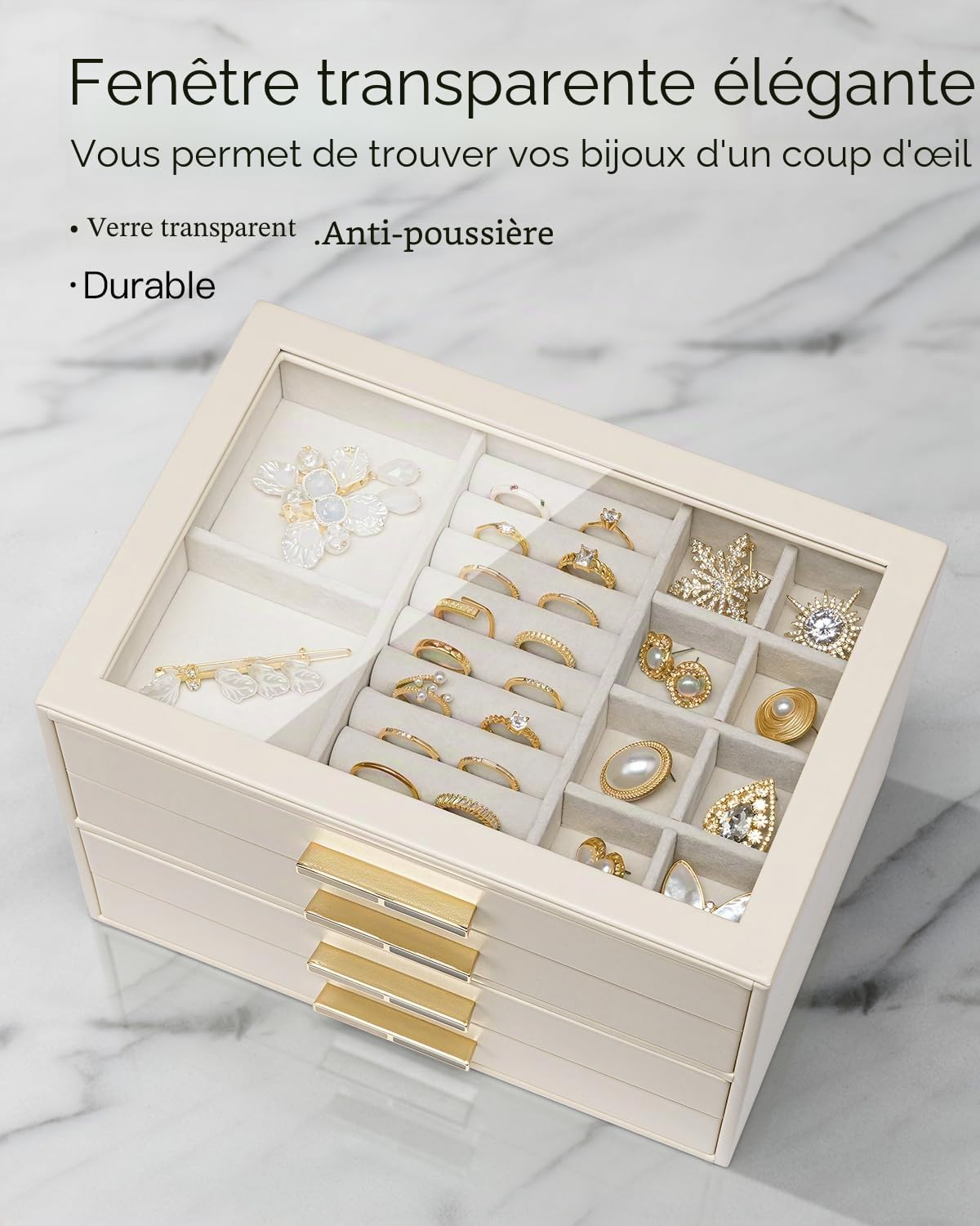 Vlando Boîte à bijoux Grande, Boîte à bijoux avec 4 niveaux, Organisateur de bijoux avec couvercle en verre, 4 tiroirs, pour colliers, boucles d'oreilles, montres, bracelets, rangement de bijoux