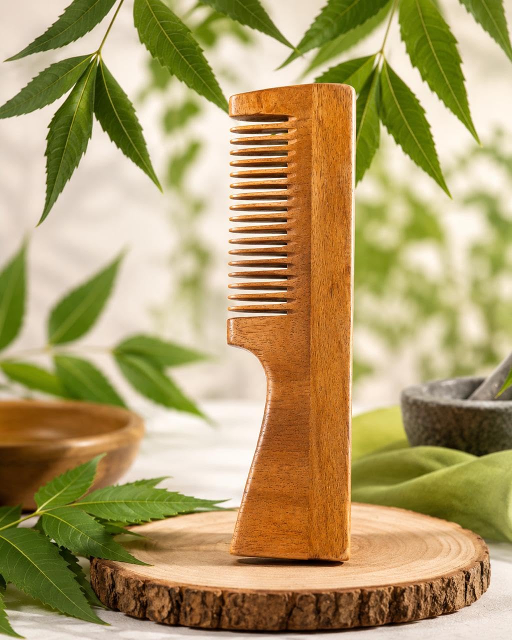 Premium Neem Wooden Wide Tooth Hair Comb with Handle | Anti-Static Natural Wooden Detangling Comb for Men & Women-image-11