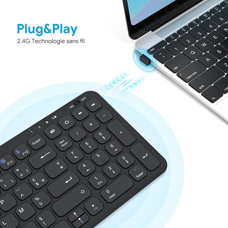 OMOTON Wireless 2.4GHz AZERTY Billentyűzet Numerikus Billentyűzettel PC Windows Számítógéphez Csendes Fekete