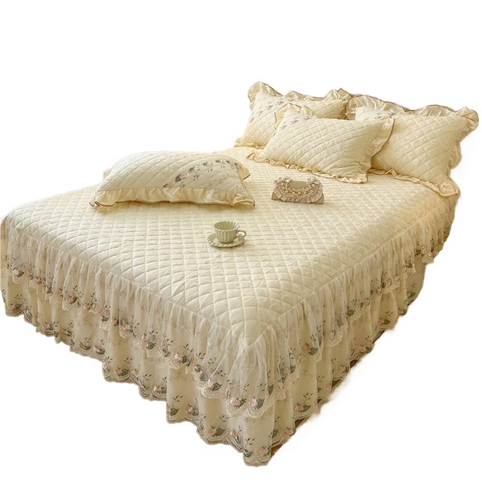Gold Yellow, Beige, Pink, Jacquard Velvet Lace Ruffles Bedspread, Quilted Embroidery Bed Skirt, Mattress Cover(Beige,200X220cm 3pcs)