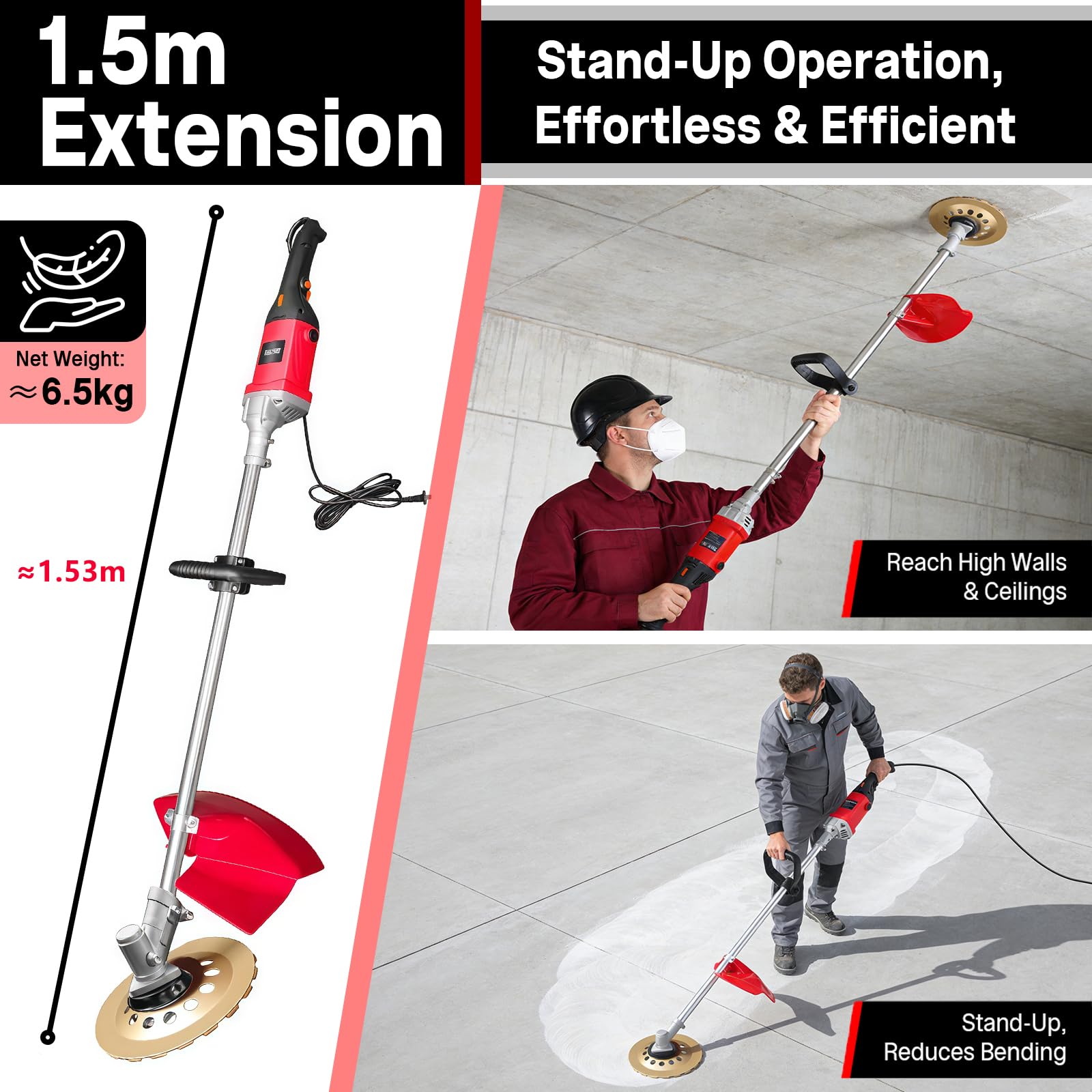 Betonschleifer mit 1,5 m Langer Handgriff, 2800W Betonschleifer Trockenbauschleifer Schleifpolierer mit Schutzhaube, mit 180 mm Schleifteller, 200 mm Topfbürste, für Beton, Wände Und Metallentrostung