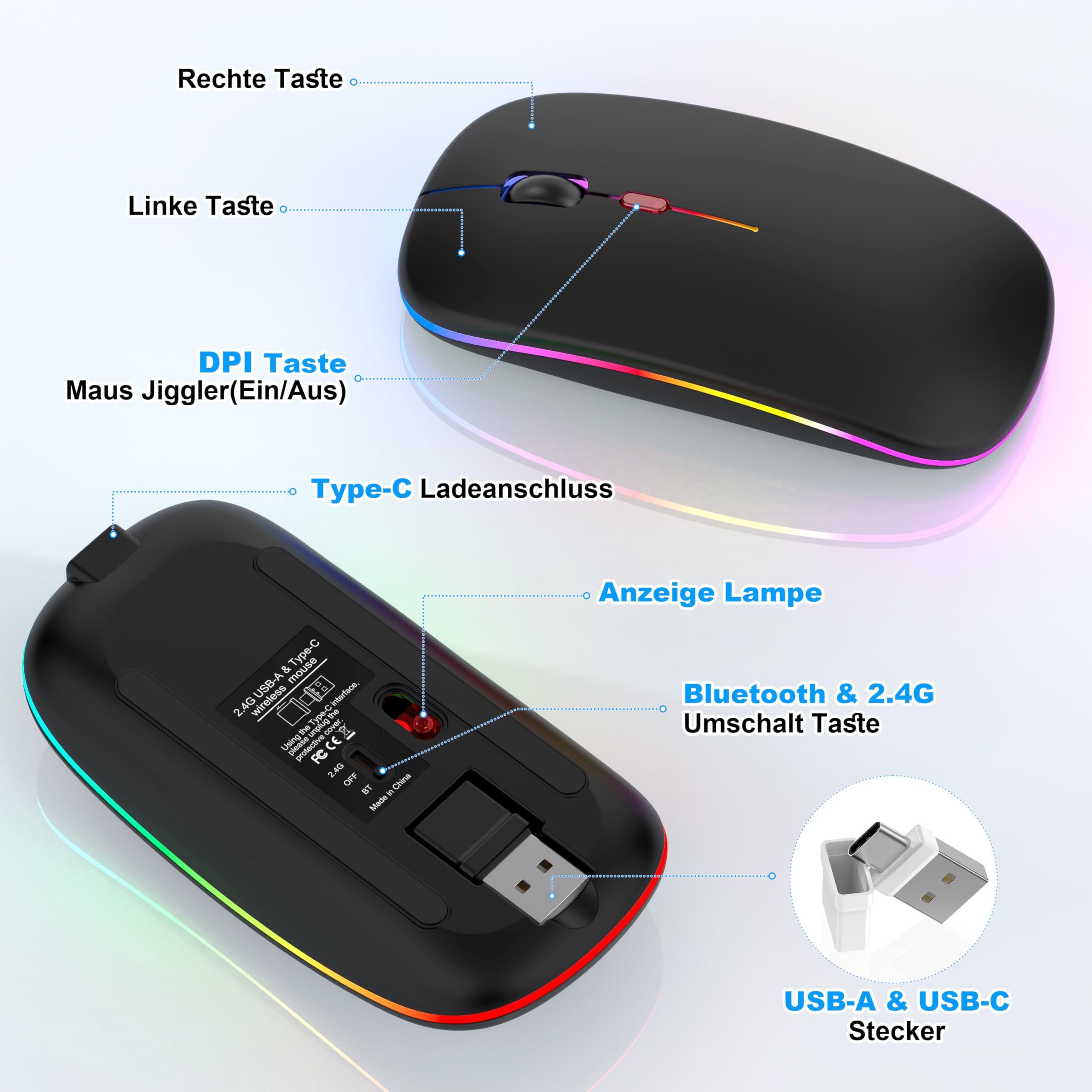 Mouse wireless con modalità jiggler – Bluetooth 5.2 & 2.4G radio per computer portatile, PC, iOS, Android, iPad e Windows, LED a 7 colori e 1600 DPI ottico (Modalità Jiggler, Nero)