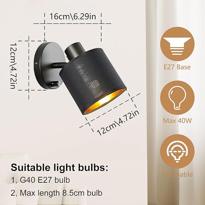 Lightess Lightess Wandlamp met schakelaar, dimbaar, vintage, stoffen wandlamp, E27, retro lamp, binnen, zwarte lampenkap, wandspot voor woonkamer, slaapkamer photo 2
